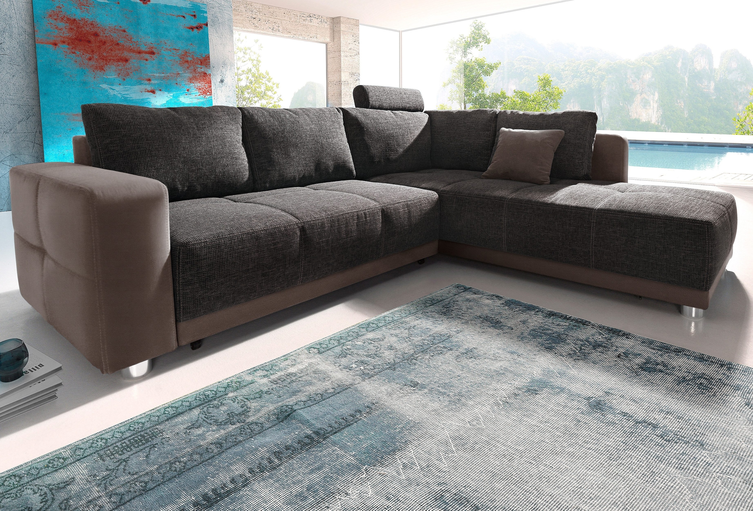 Places of Style Ecksofa, mit Bettfunktion, Bettkasten und Federkern, wahlweise mit 1 oder 3 Kopfstützen, Ottomane links oder rechts montierbar