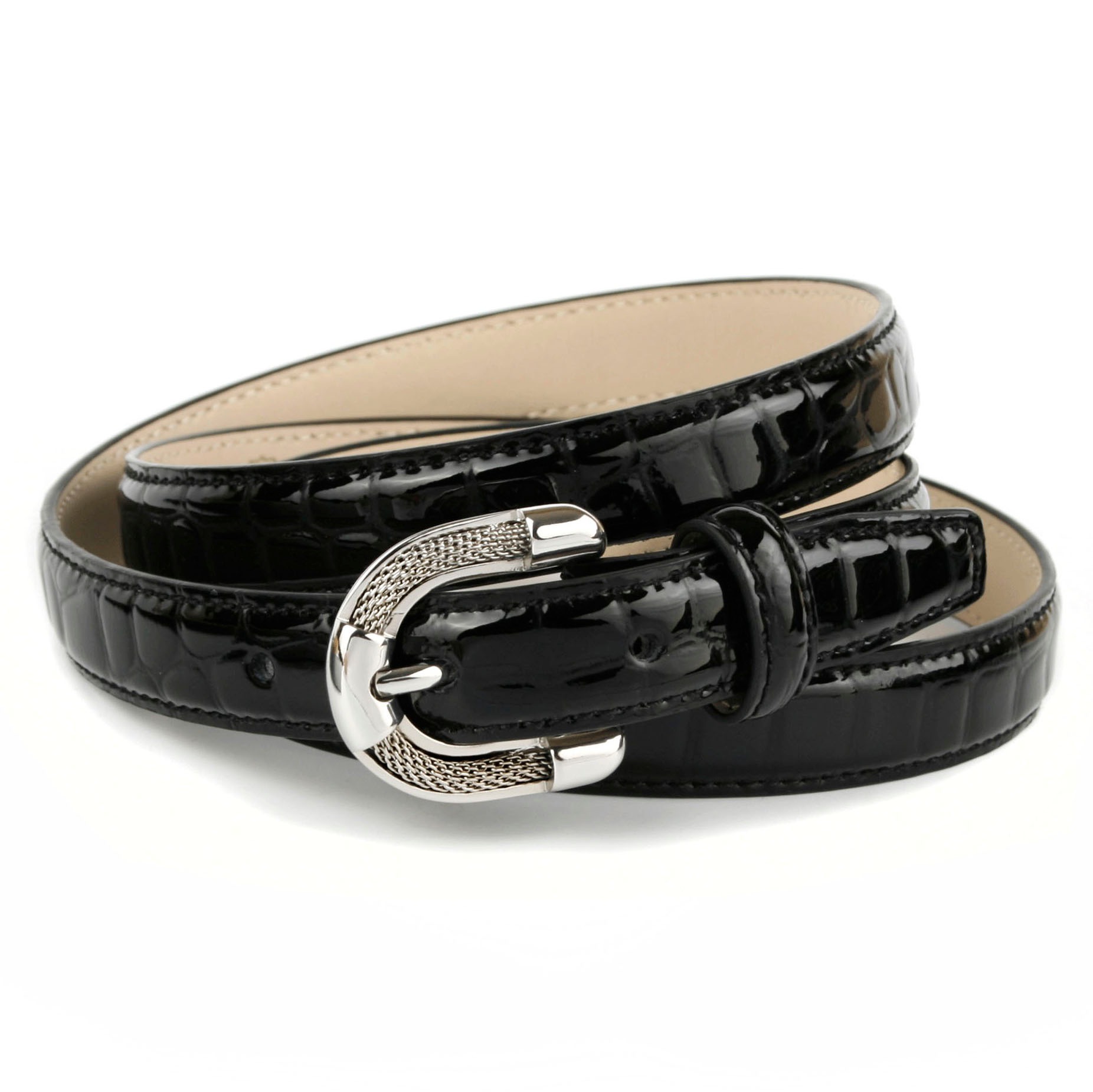 Anthoni Crown Damen Ledergürtel Lackledergürtel mit Krokomuster in schwarz, Größe 95