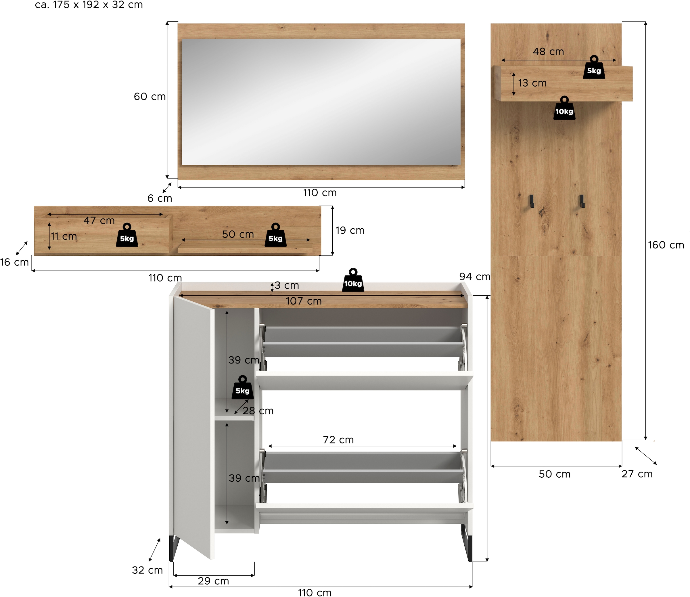 INOSIGN Garderoben-Set »EVRID, 3-teilig, Breite 175 cm, individuell stellbar & erweiterbar« best. aus: Kommode, Spiegel und Garderobenpaneel, 4 Stk. tlg. Garderobenkombination, Garderobe, Wandgarderobe, Flur, Diele
