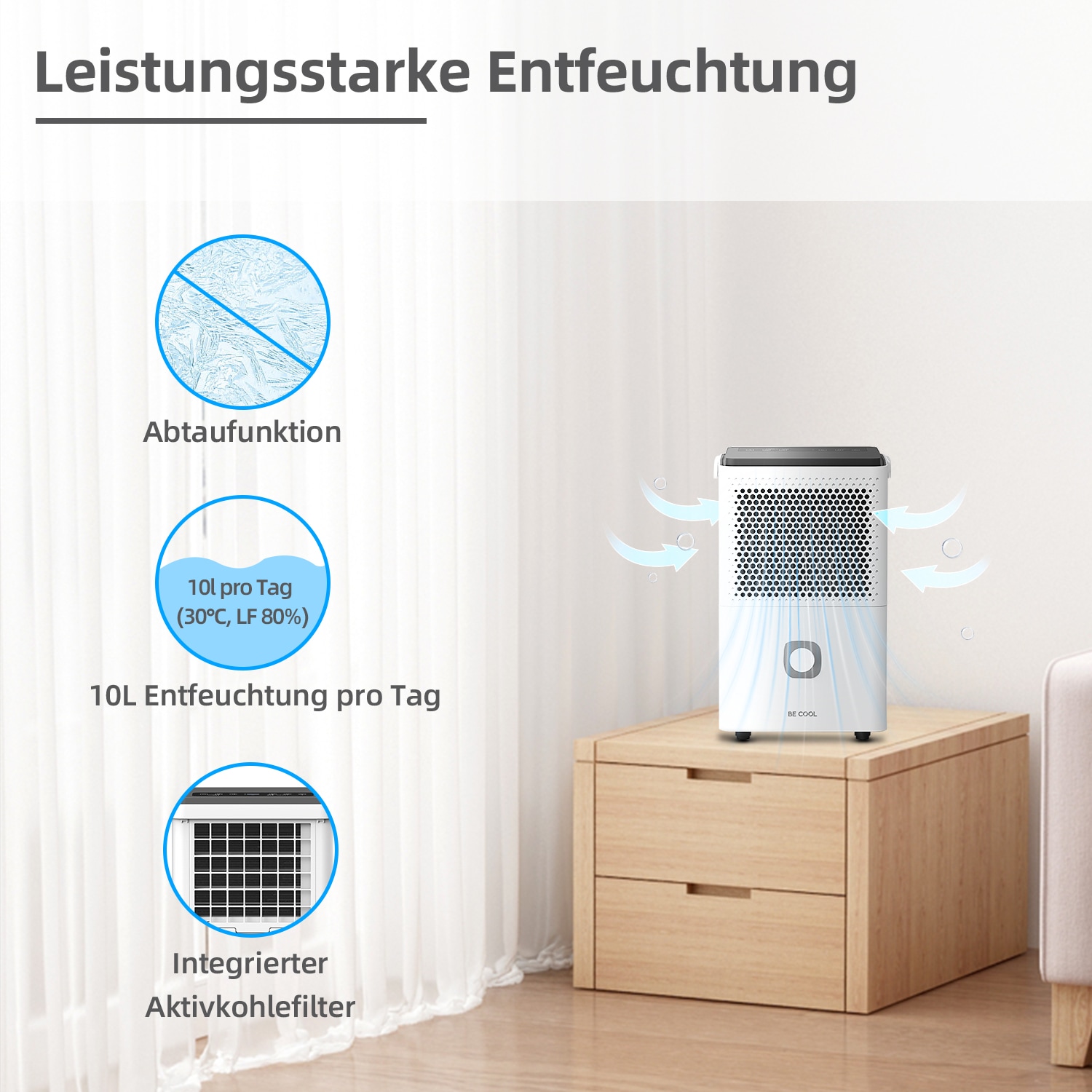 be cool Luftentfeuchter »BC10LEF2301«, für 38 m³ Räume, Entfeuchtung 10 l/Tag, Tank 1,8 l