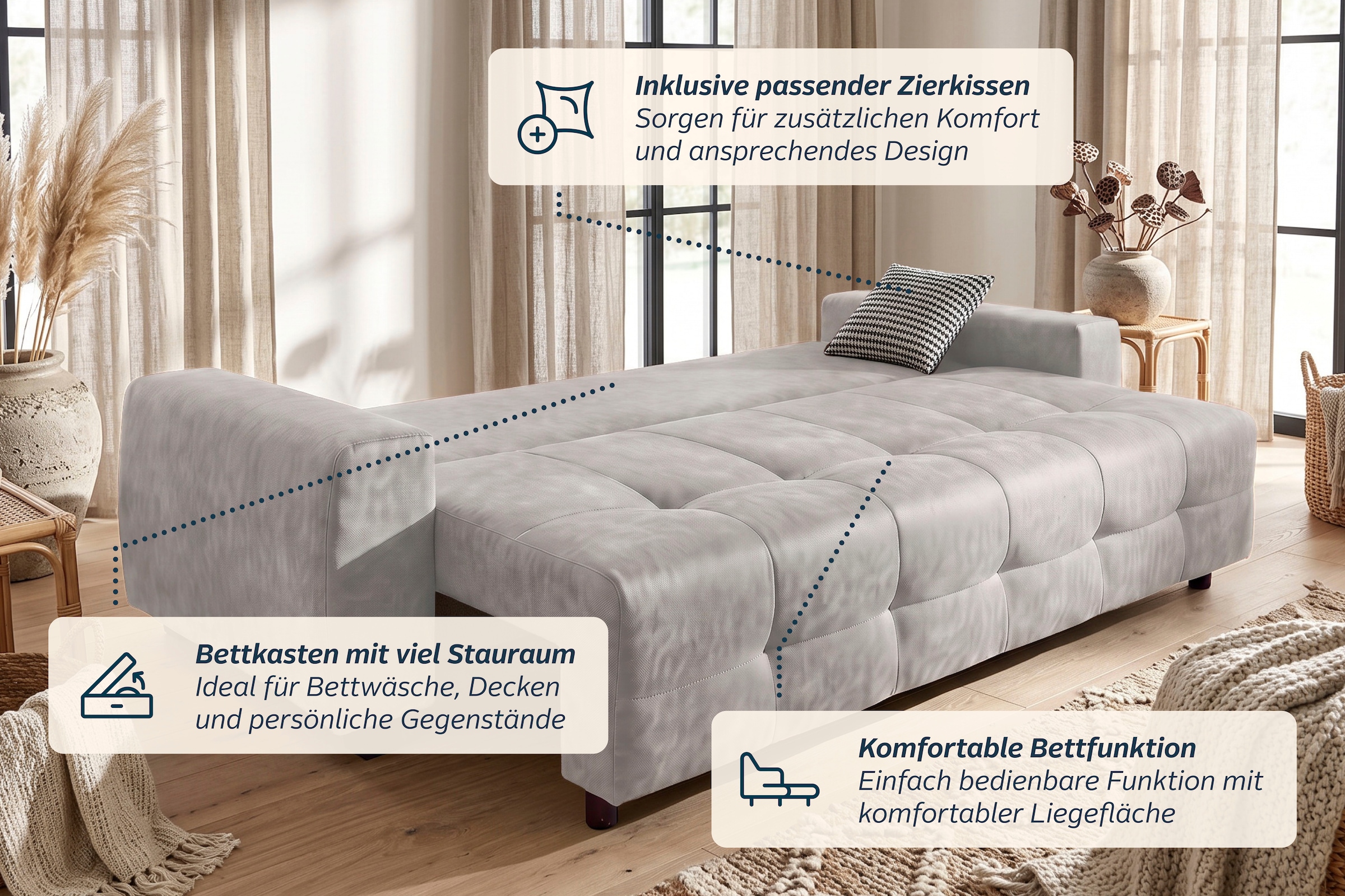 OTTO home Schlafsofa »Bella B: 241 cm, Liegefl. 142x194 cm mit Bettkasten & Zierkissen« Schlafcouch mit Gästebett, 2 Zierkissen inklusive, frei stellbar