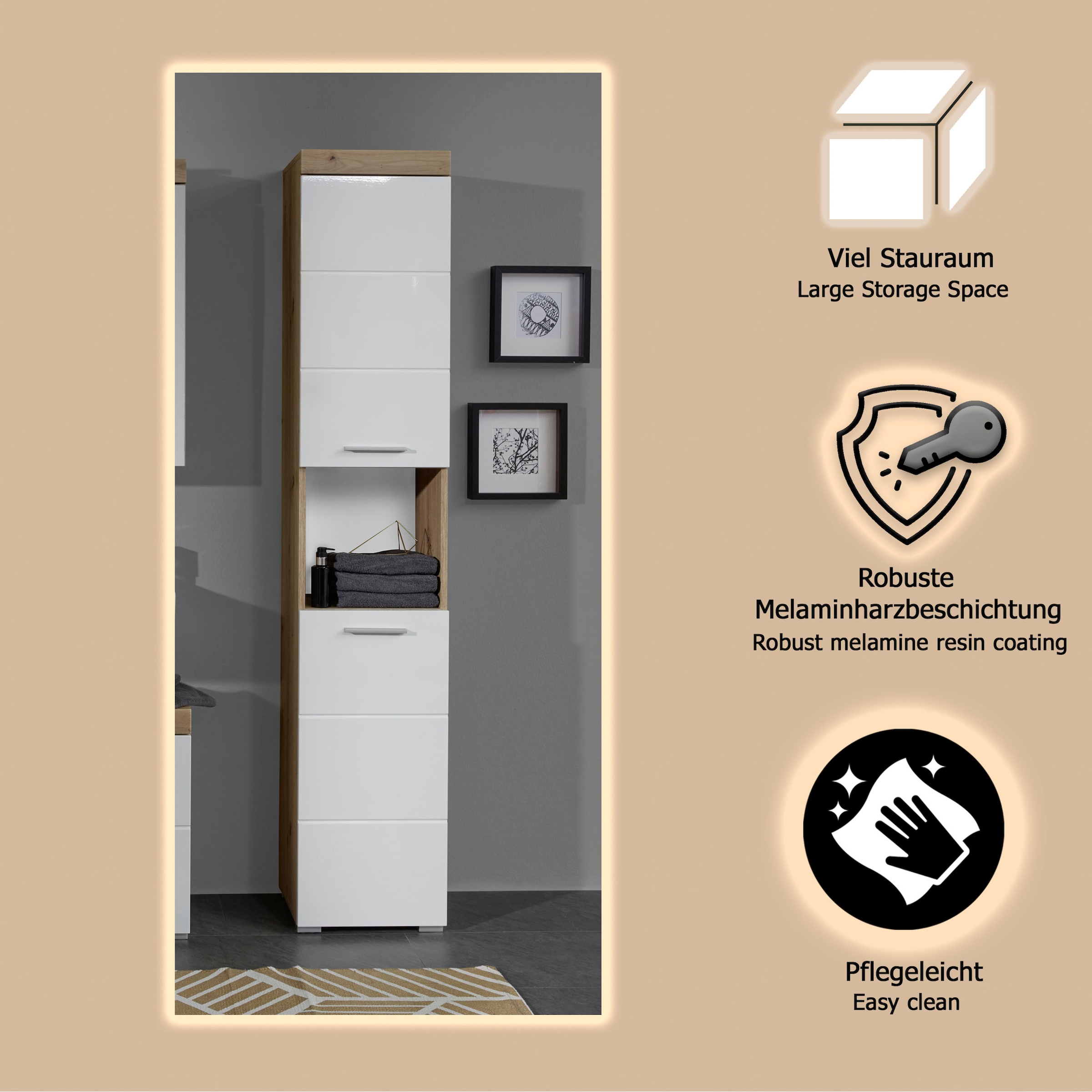 welltime Hochschrank »Avena« Badschrank mit 2 Türen & 1 Fach - (B/T/H) 37/31/190 cm