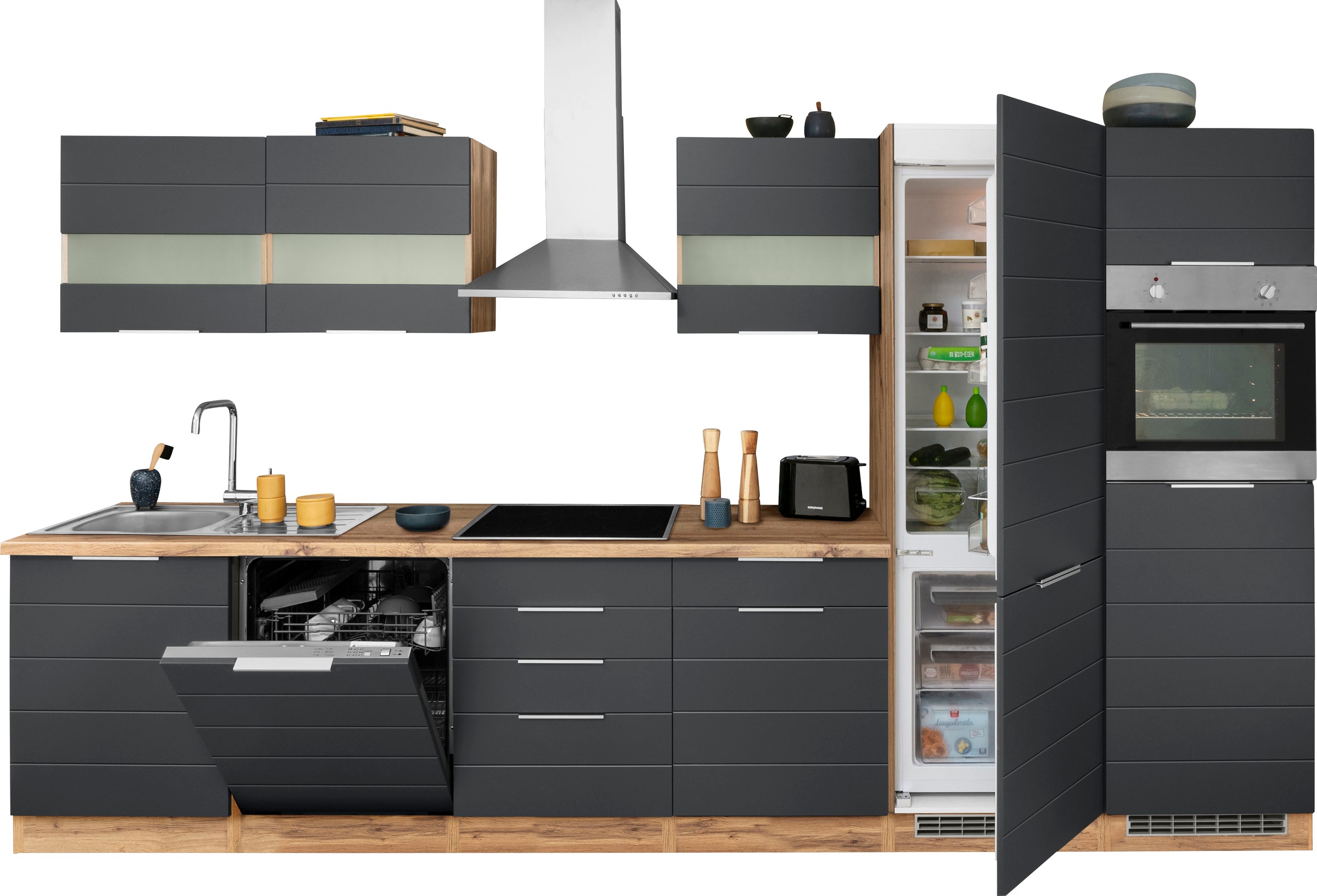 KOCHSTATION Küchenzeile »KS-Luhe« 360 cm breit, wahlweise mit oder ohne E-Geräten, gefräste MDF-Fronten