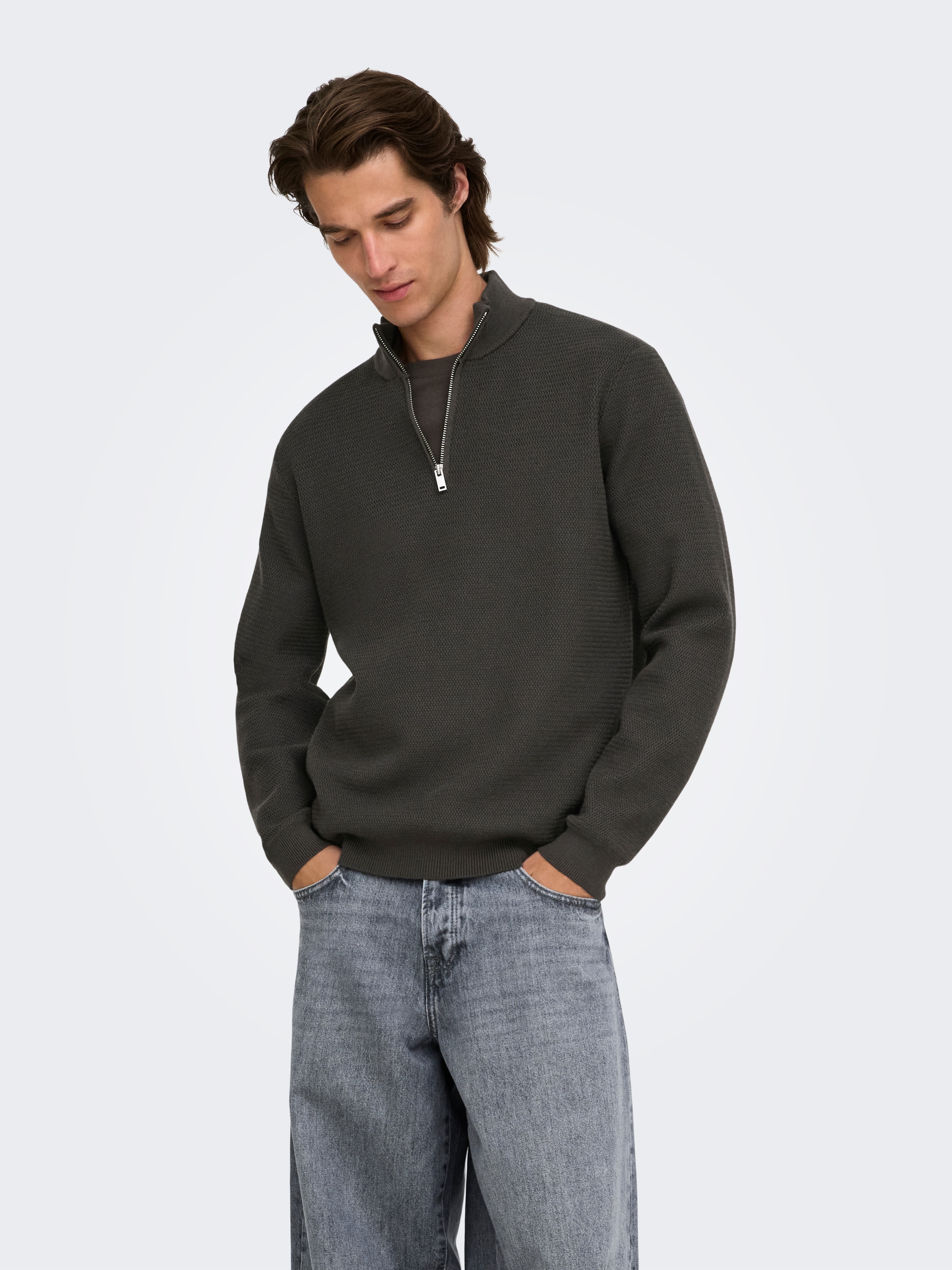 ONLY & SONS Troyer »ONSCARTER REG JAQUARD 1/2 ZIP OTL« Viskosemischung, regular fit