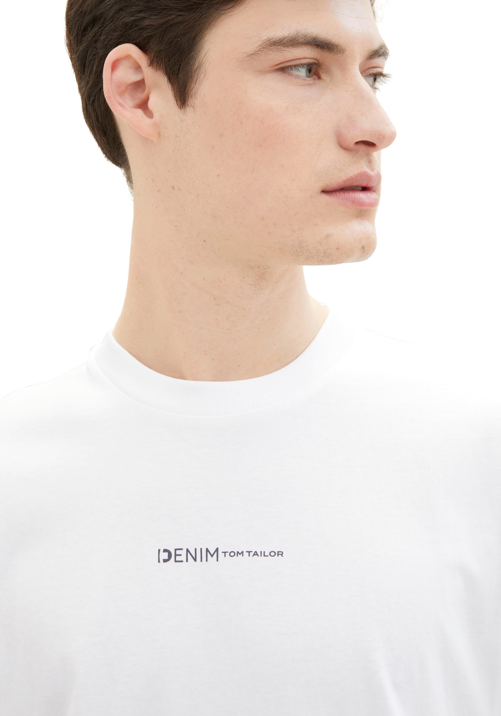 TOM TAILOR Denim Rundhalsshirt, mit Logo-Print und aus reiner Baumwolle