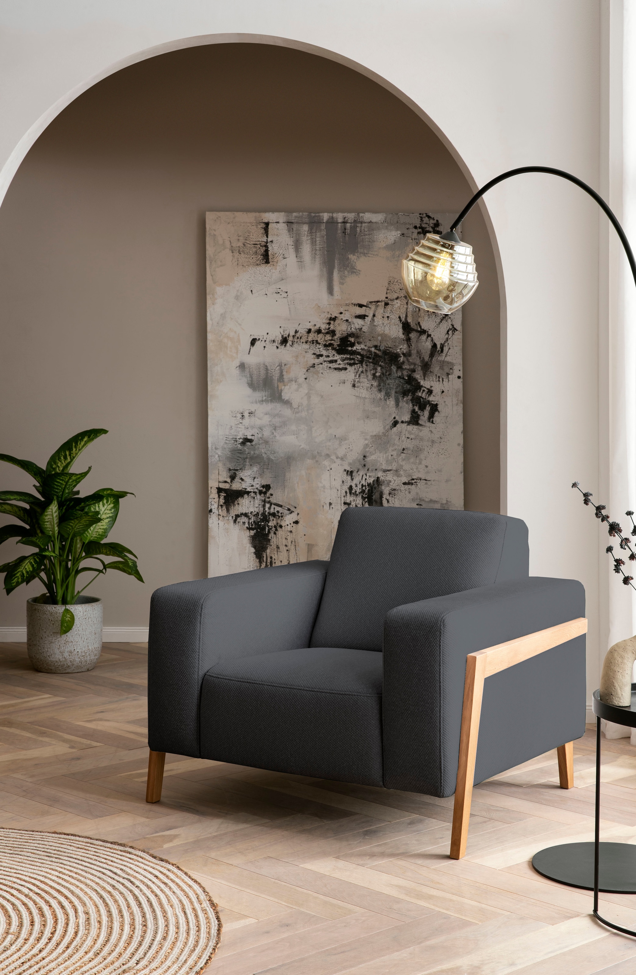 exxpo - sofa fashion Sessel »Starr, Loungesessel, Scandic Design mit Sichtholz am Armteil«, im Scandinavian Design, mit Massive Holzfüße, frei im Raum stellbar