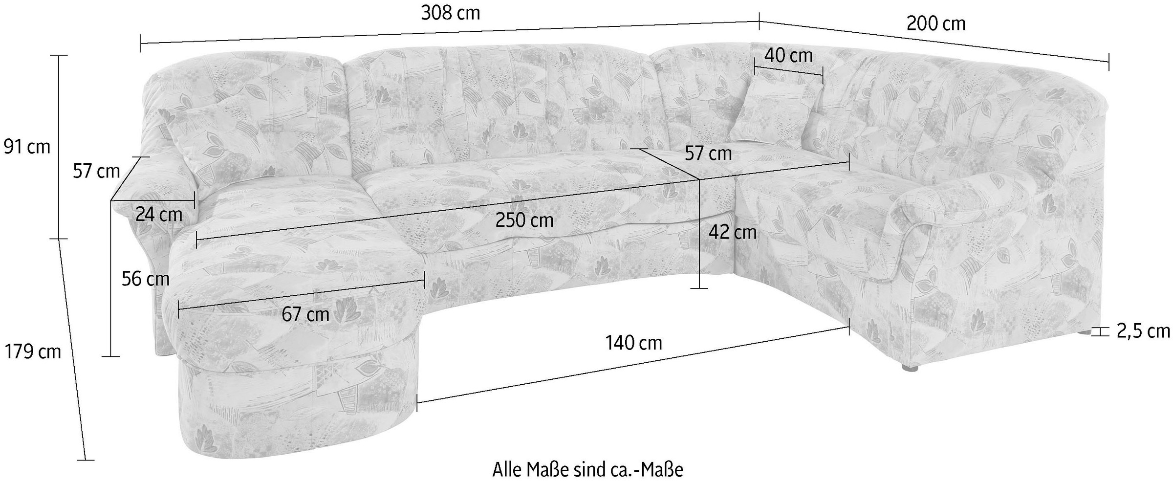 DOMO collection Wohnlandschaft »Bahia U-Form, B/T: 308/200 cm, mit Federkern, belastbar bis 140kg/Sitz«, Microfaser, natur