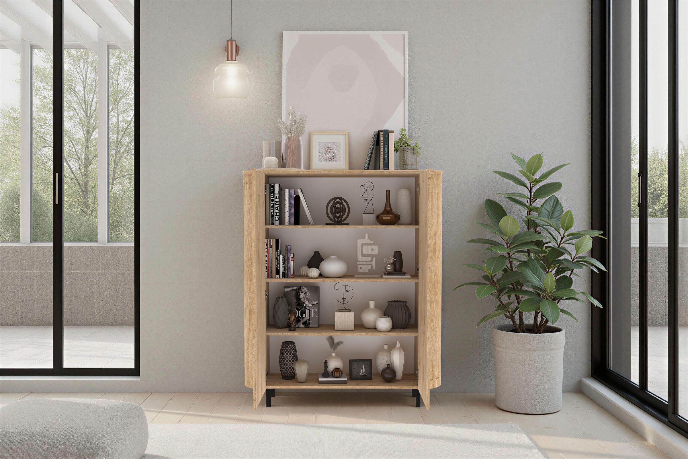 Home affaire Highboard »Murano, B/H 131/154 cm, 2 Türen, Stauraumschrank, Hochkommode« Formgebogenes MDF, Stirnseiten mit Rundung, Füße und Griffe aus Metall