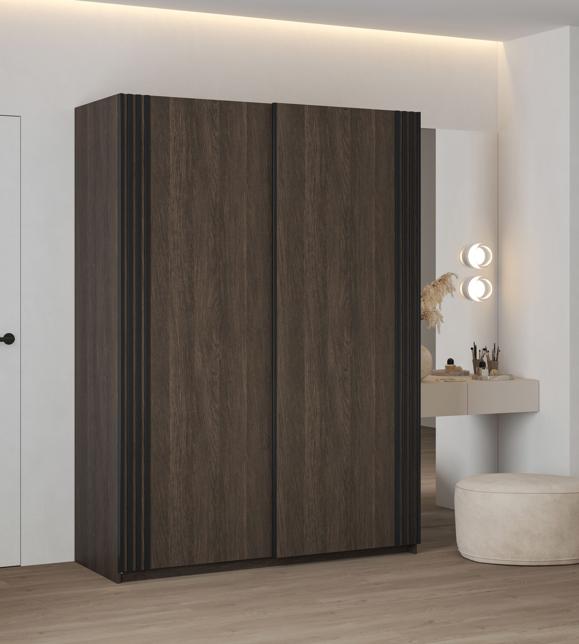 Home affaire Schwebetürenschrank »Niva, Garderobenschrank incl.kompletter Innenausstattung«, Moderner Kleiderschrank, Schiebetürenschrank, Lamellen, Wäscheschrank