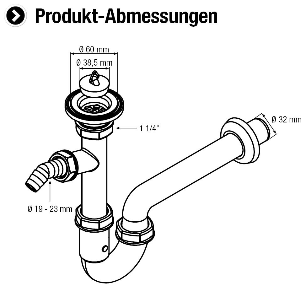 CORNAT Siphon »1 1/4 Zoll x 32 mm - Mit Geräteanschluss & Ablaufventil« Hergestellt aus recycelten Kunststoffen - Made in Germany Qualität