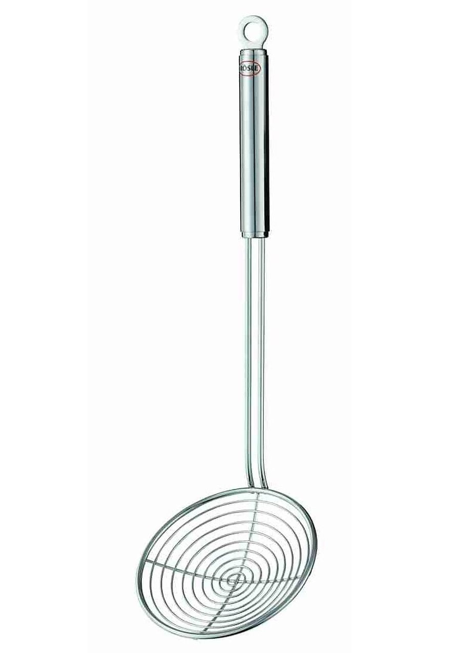 Rösle Seihlöffel Rundgriff mit Aufhängeöse in silberfarben, Größe Ø 12 cm - Länge: 38,5 cm