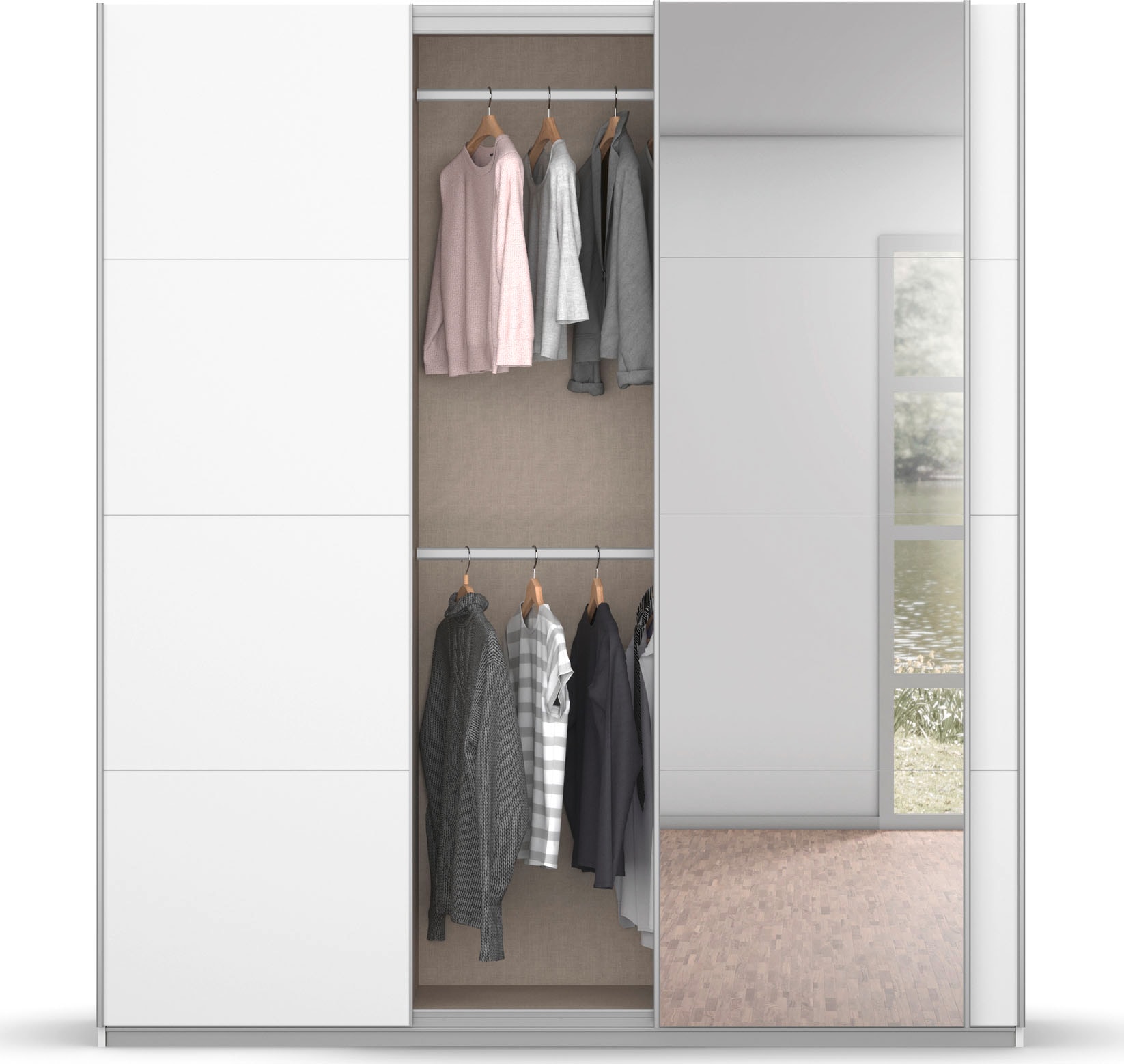 rauch Schwebetürenschrank »Kleiderschrank Schrank Garderobe BESTSELLER KOLUNA mit Spiegel«, inkl. 2 Innenschubladen sowie extra Einlegeböden MADE IN GERMANY