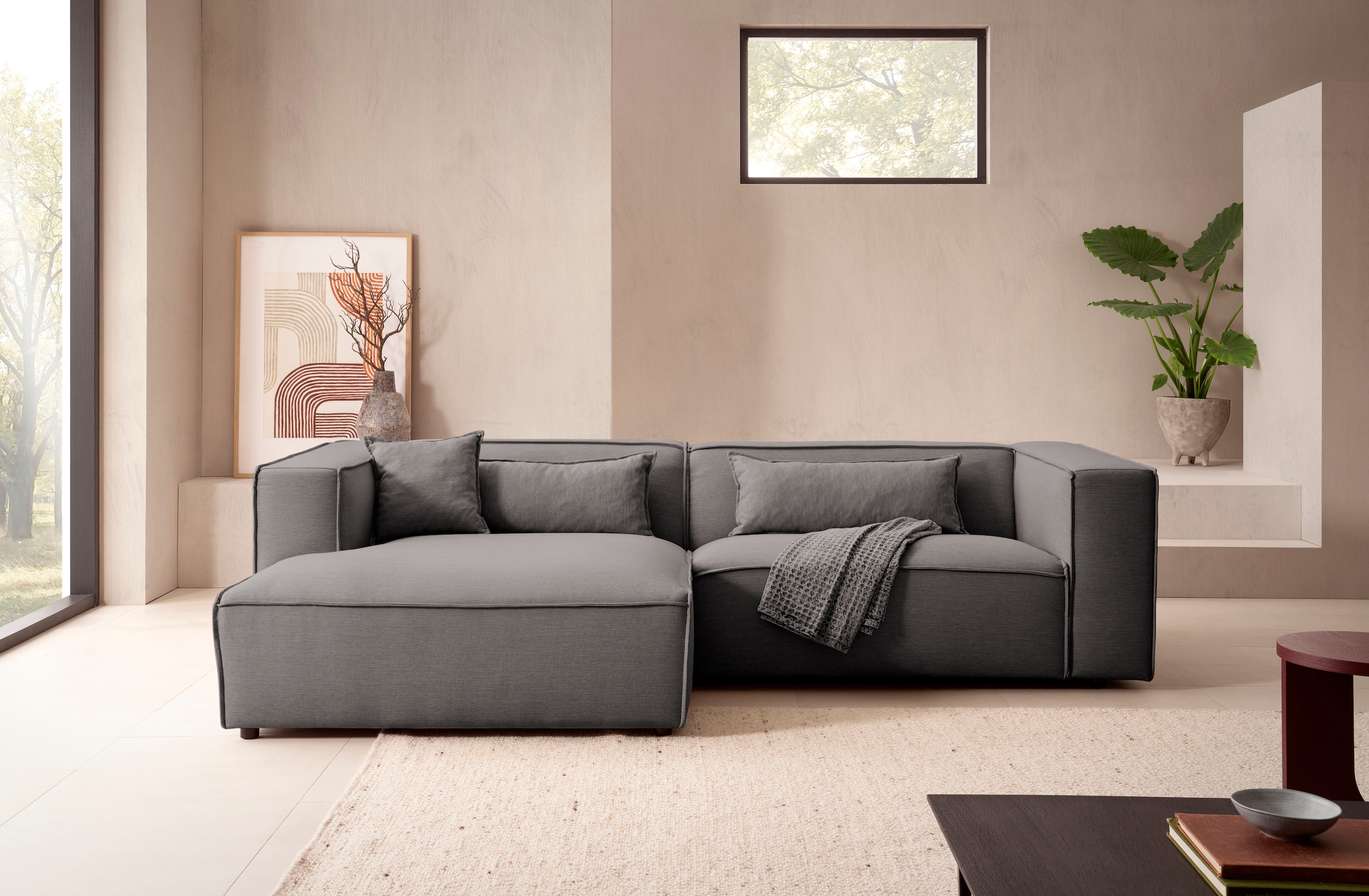 LeGer Home by Lena Gercke Ecksofa »PIARA mit Kedernaht in Cord oder Leinenoptik, moderne Couch in L-Form«, wahlweise Ottomane rechts/links, schwarze Füße, bequemer Sitzkomfort