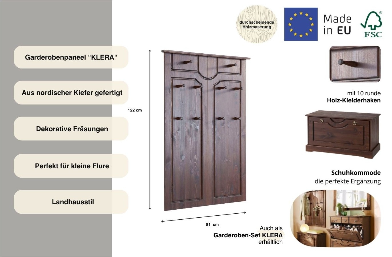 Home affaire Garderobenpaneel »Klera« Mit 10 Kleiderhaken, aus massiver Kiefer