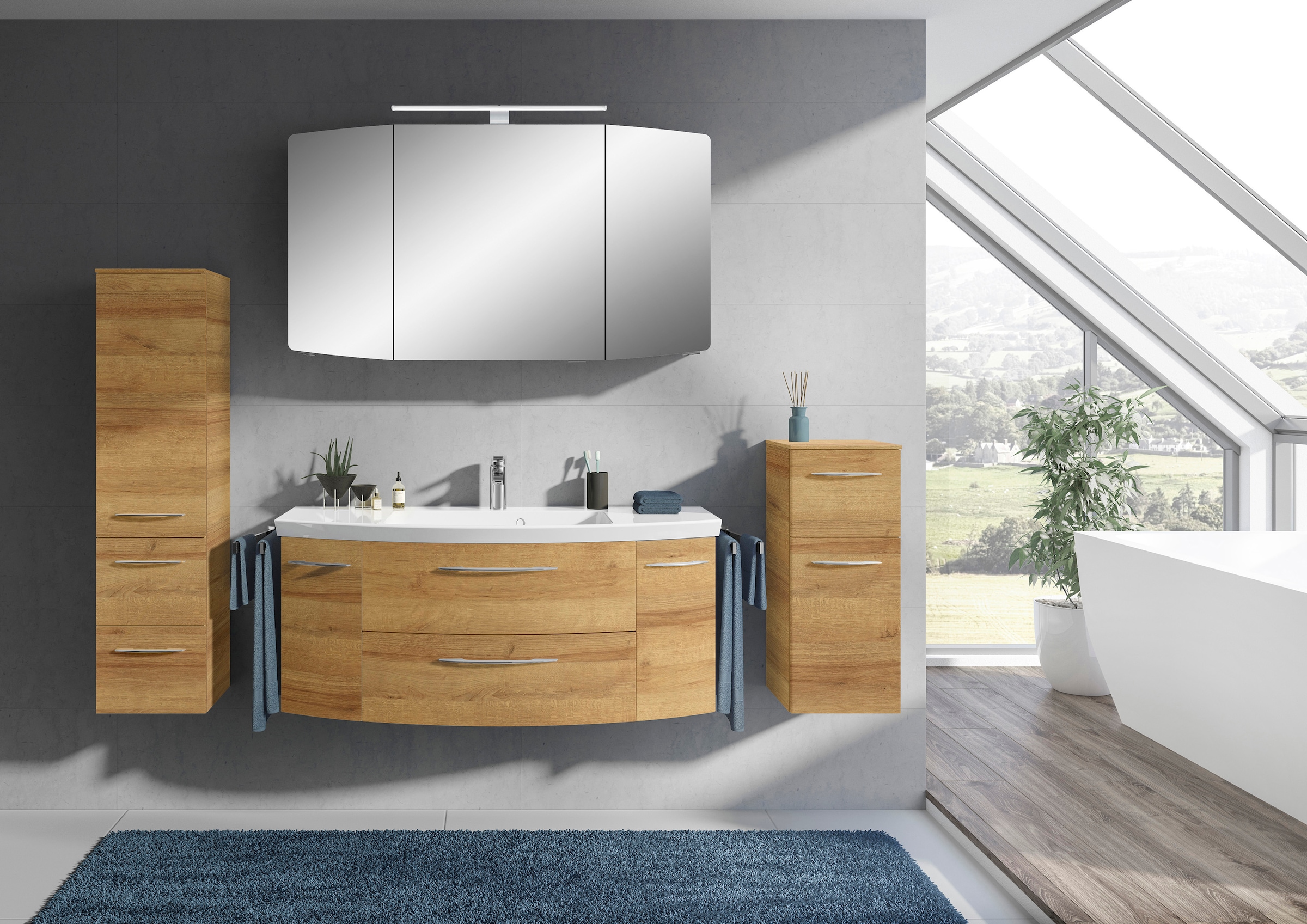 Saphir Badmöbel-Set »Cassca Sprint 4-teilig Mineralmarmor-Waschtisch mit LED-Spiegelschrank« 5 Stk. tlg.