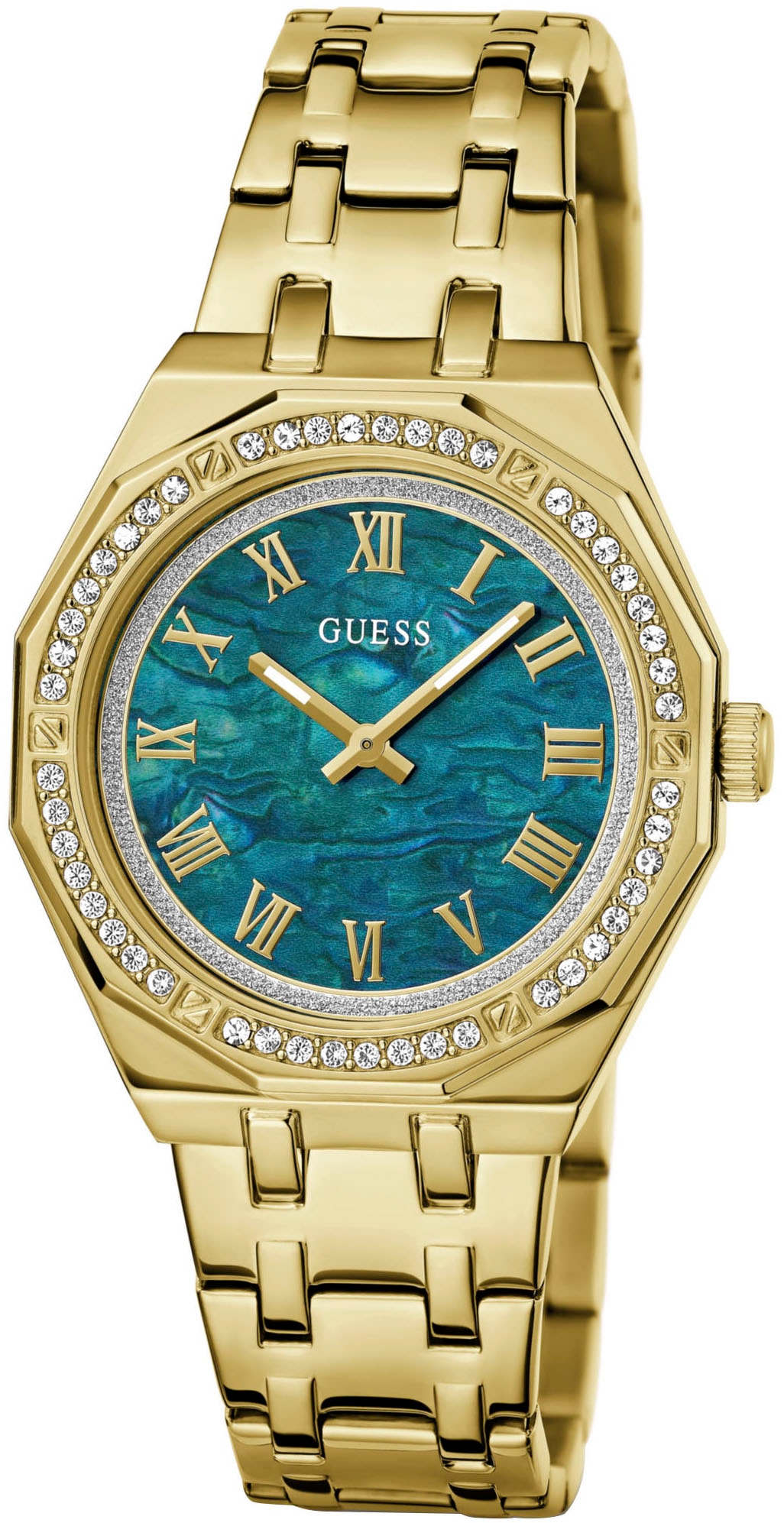 Guess Quarzuhr »DESIRE«, Armbanduhr, Damenuhr, Kristallsteine, Mineralglas, Edelstahlarmband
