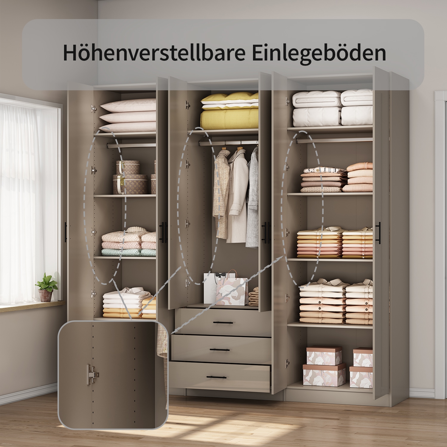 OTTO home Kleiderschrank »Trento Schlafzimmerschrank Garderobe hochglanz« in 2 unterschiedlichen Schrankhöhen wählbar,  Schrank mit 6 Türen und 3 Schubladen, hochglanz Fronten, Höhe 2,39m