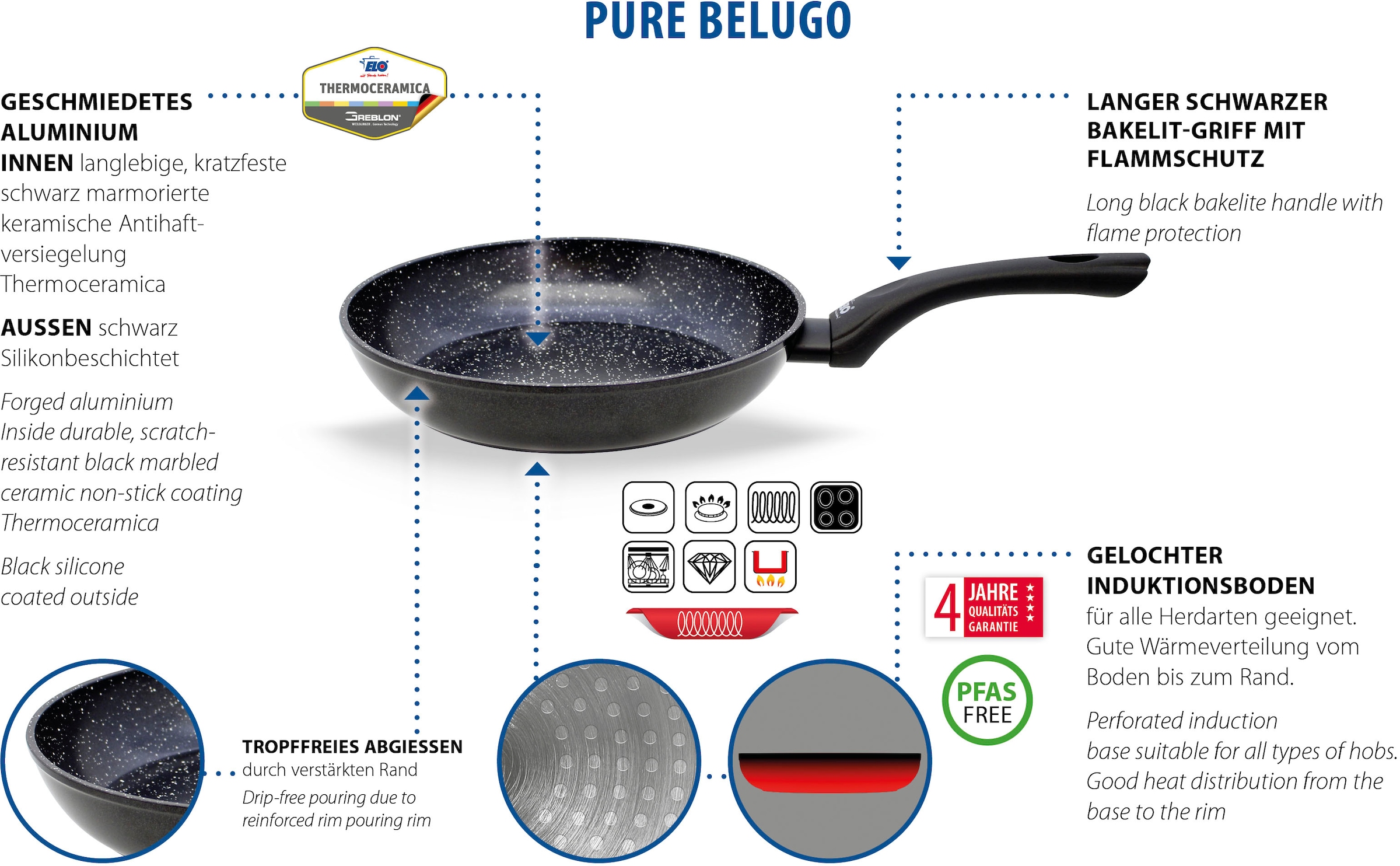 Elo Pfannen-Set »Pure Belugo«, Aluminium, (Set, 4 tlg., je 1 Bratpfanne Ø 20/24 cm, 1 Grillpfanne 28x28 cm, 1 Servierzange), keramische Beschichtung, Induktion