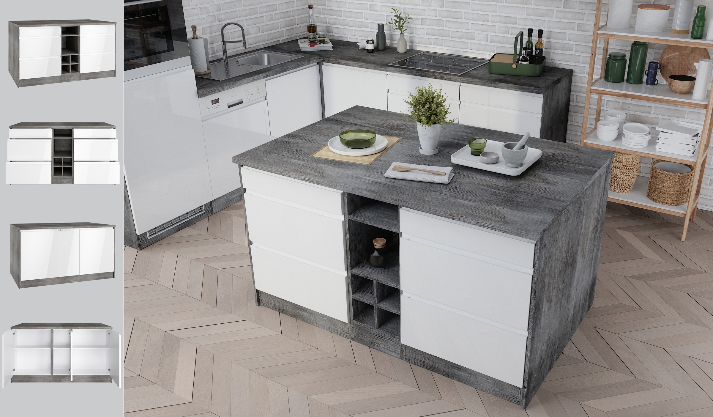 KOCHSTATION Kücheninsel »KS-Virginia«, Breite 153 cm, MDF-Fronten, Flaschenregal