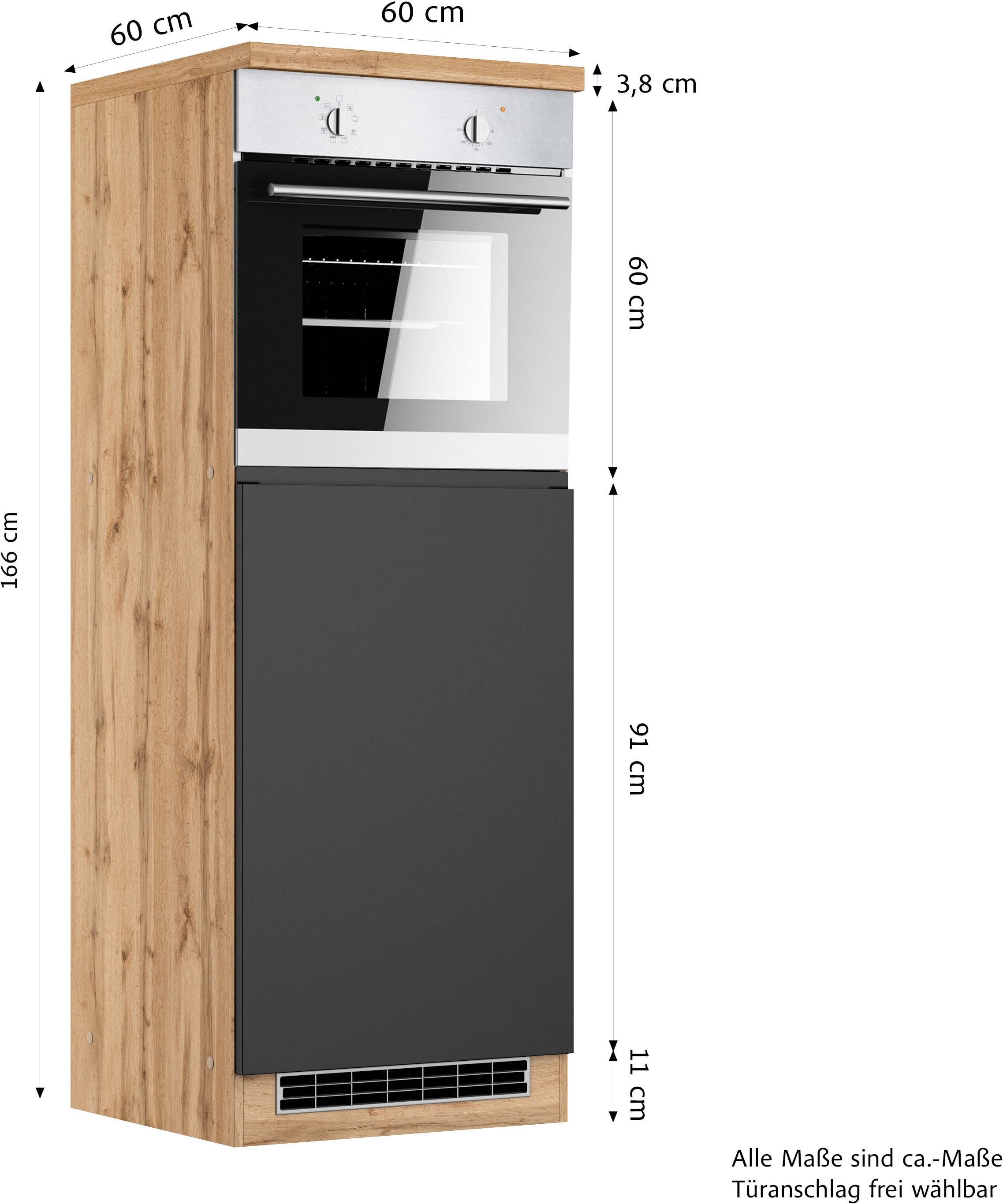 KOCHSTATION Backofen/Kühlumbauschrank »KS-Virginia,neu in verbesserter Ausführung« Arbeitsplatte 38 mm stark, Stauraum, Softclose,  Maße (B/H/T): ca. 60/166/60 cm, Türanschlag frei wählbar