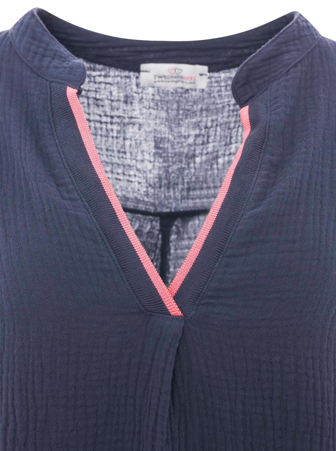 Zwillingsherz Schlupfbluse »"Neon Kante"« Musselin, eingefasster V-Neck in Neon, 3/4 Arm, hinten leicht länger