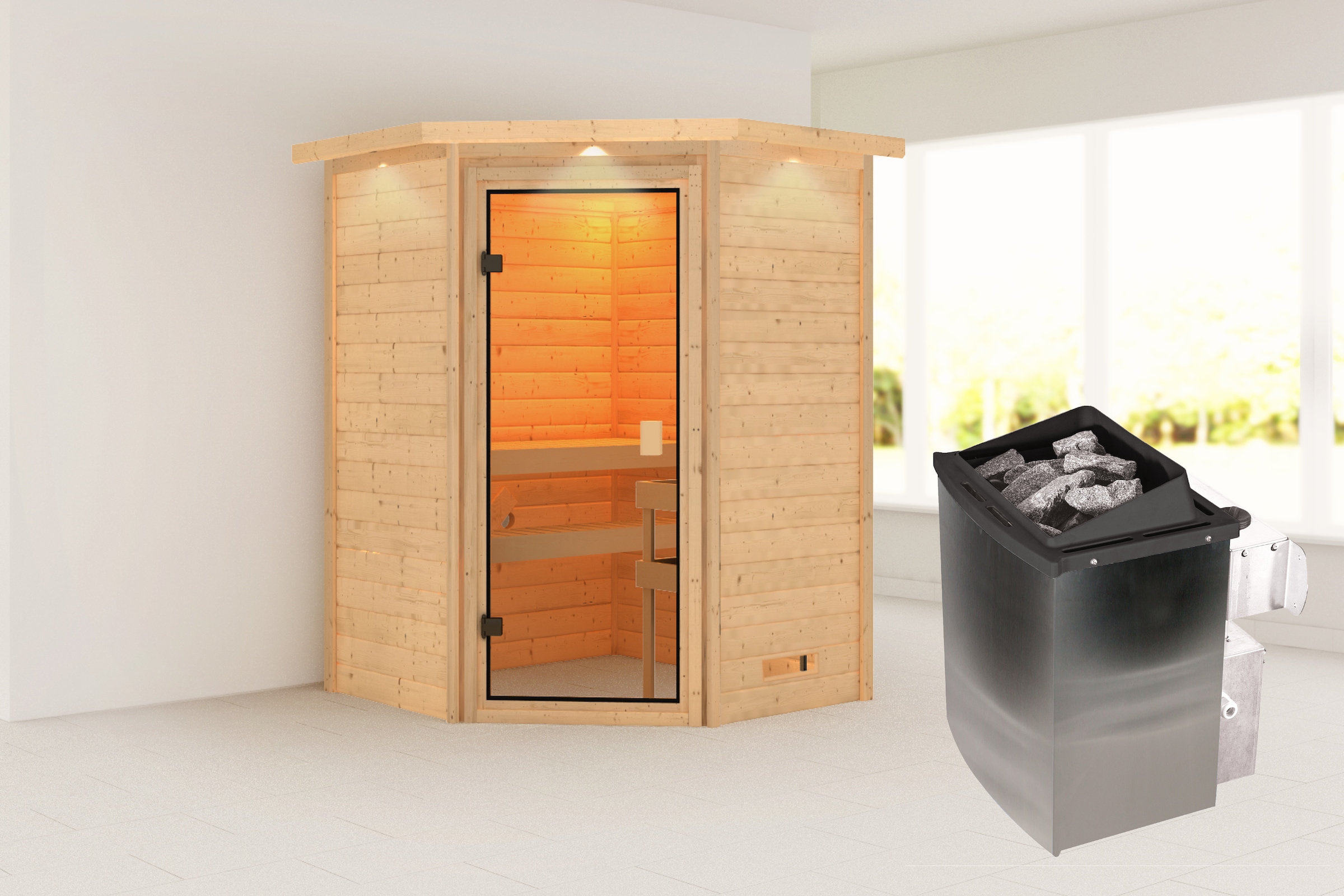 Karibu Sauna »"Anni" mit bronzierter Tür und Kranz SET, naturbelassen, mit Ofen 9 kW« aus hochwertiger nordischer Fichte