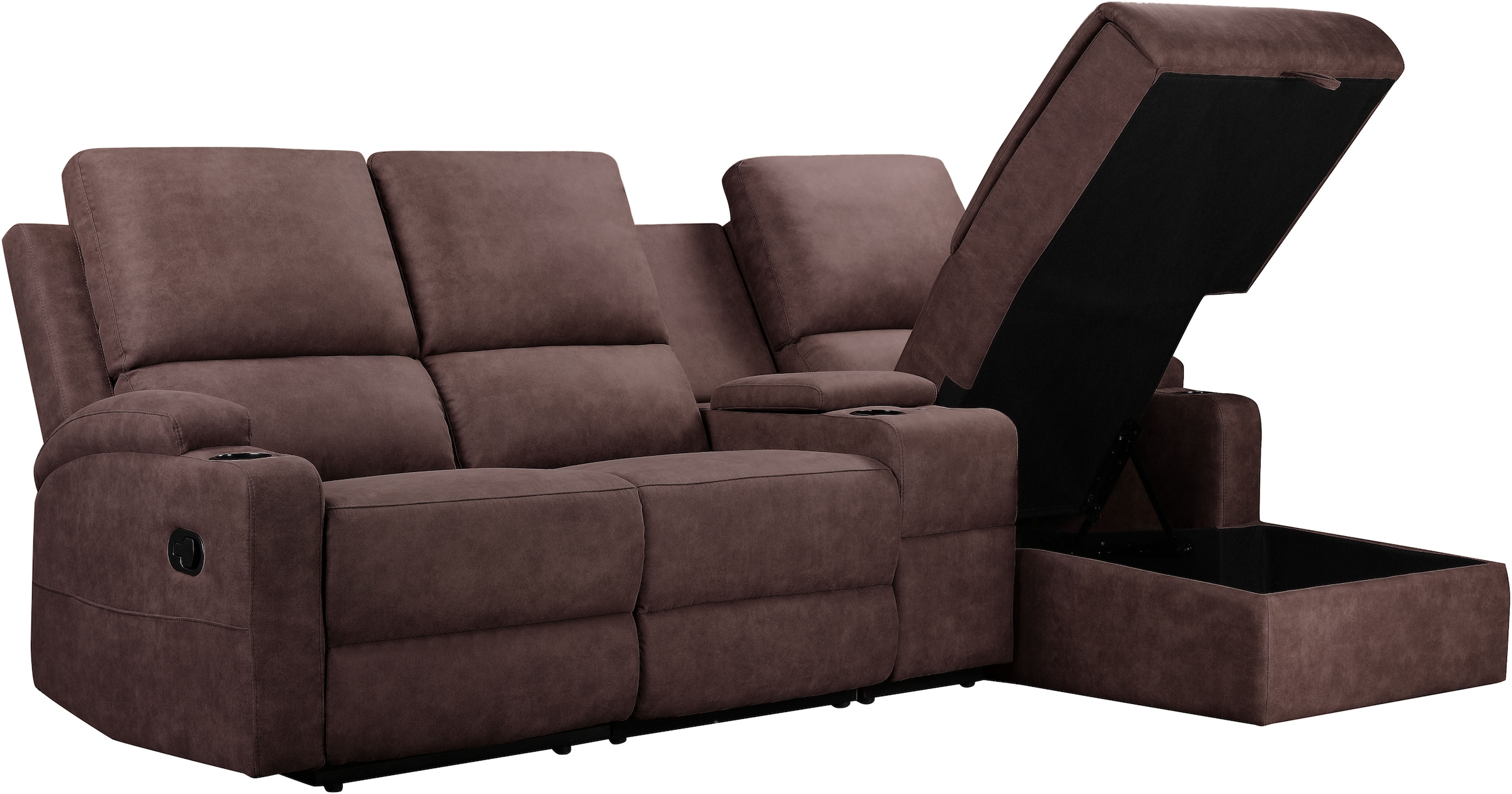Home affaire Ecksofa »NAPORI Multimediasofa, 3er Kinosessel XXL, L-Form, 3 Bezugsstoffe«, Kinosofa mit Relaxfunktion, Getränkehalter, Staufach und Staukasten
