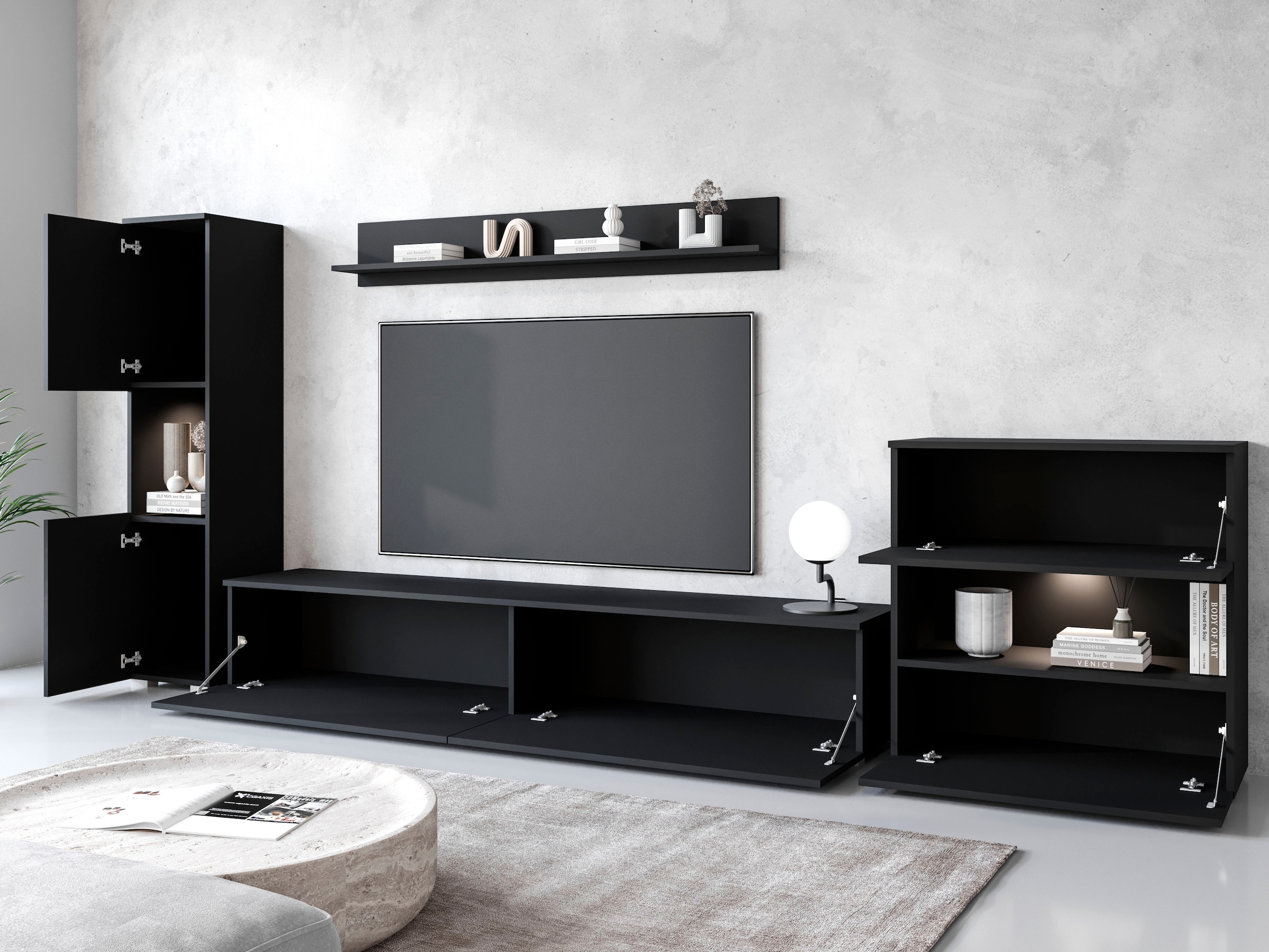 INOSIGN Wohnwand »PARIS, Vitrine Türanschlag links/rechts wechselbar«, (Komplett-Set, 4 St.), grifflose Design, stehend und hängend montierbar
