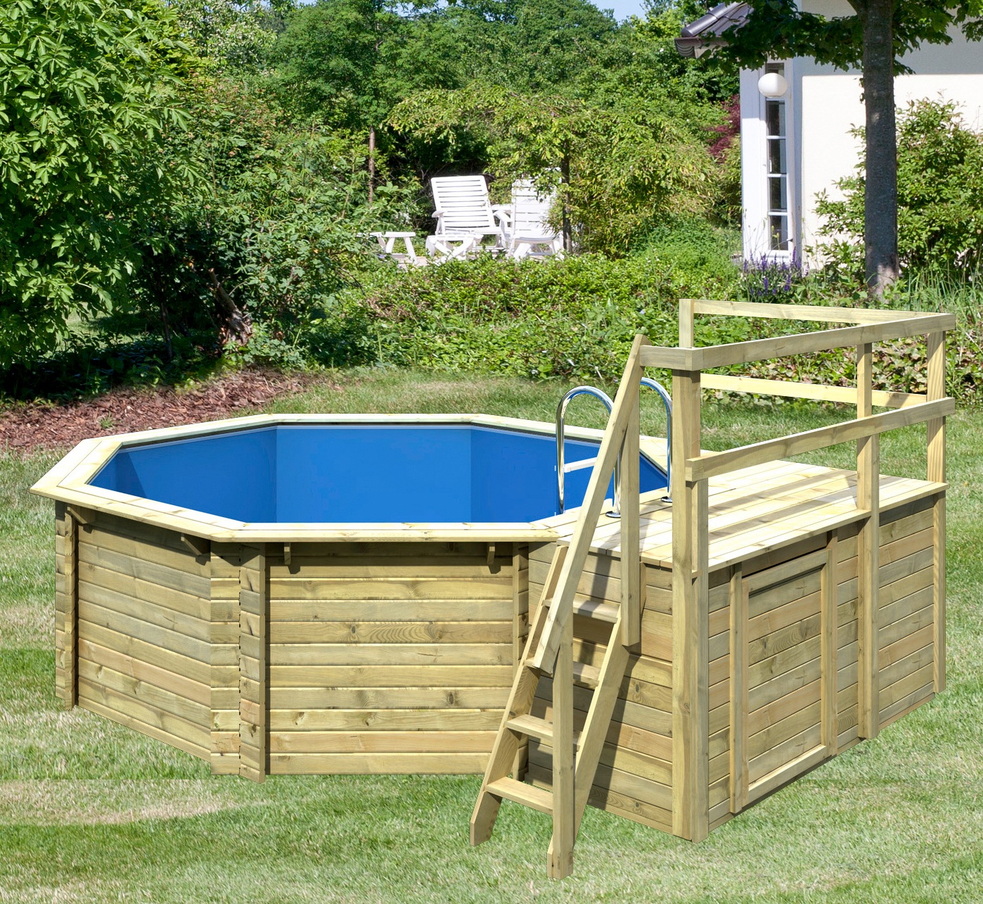 Karibu Achteckpool »PORTO Set B ØxH: 358x124 cm inkl. Zubehör« mit Technikraum unter dem Sonnendeck