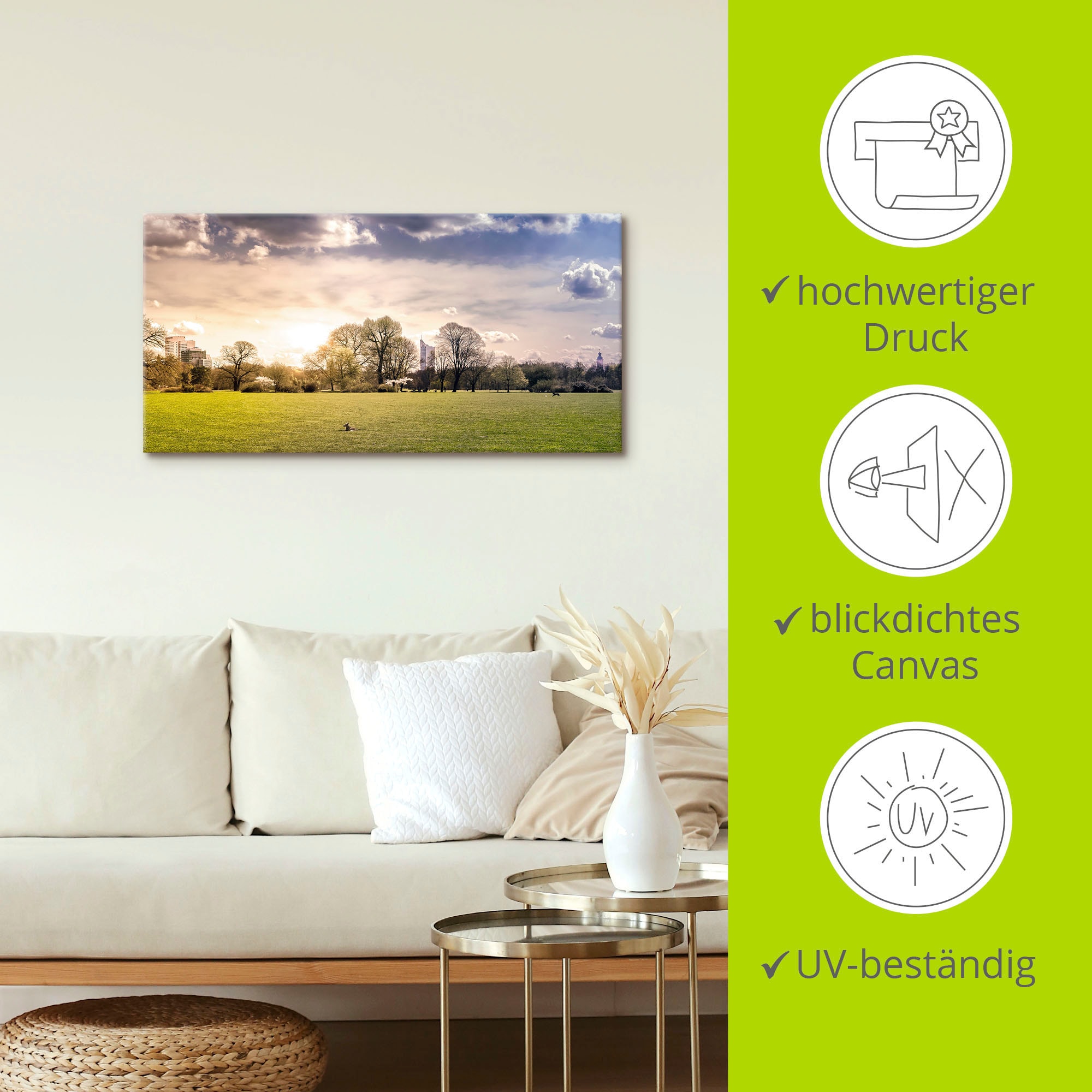 Artland Wandbild »Rosentalwiese Leipzig mit Hund & Skyline«, Wiesen & Baumbilder, (1 St.), als Alubild, Leinwandbild, Wandaufkleber oder Poster in versch. Größen