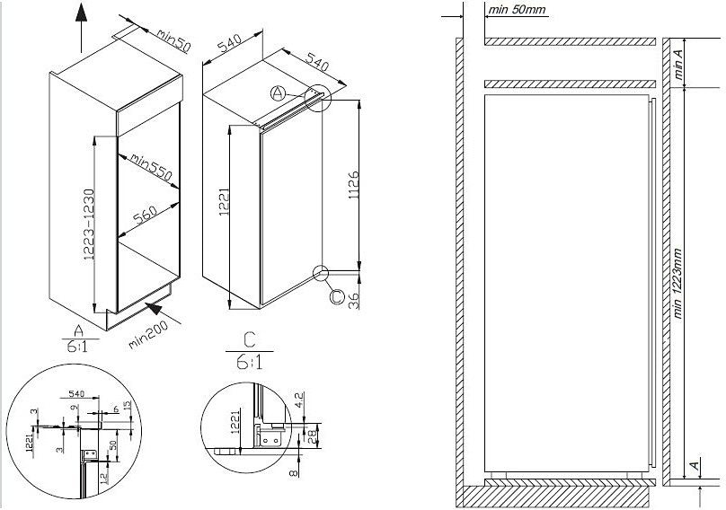 Amica Einbaukühlschrank, EKS 16174, 122,1 cm hoch, 54,0 cm breit, Sicherheitsglas