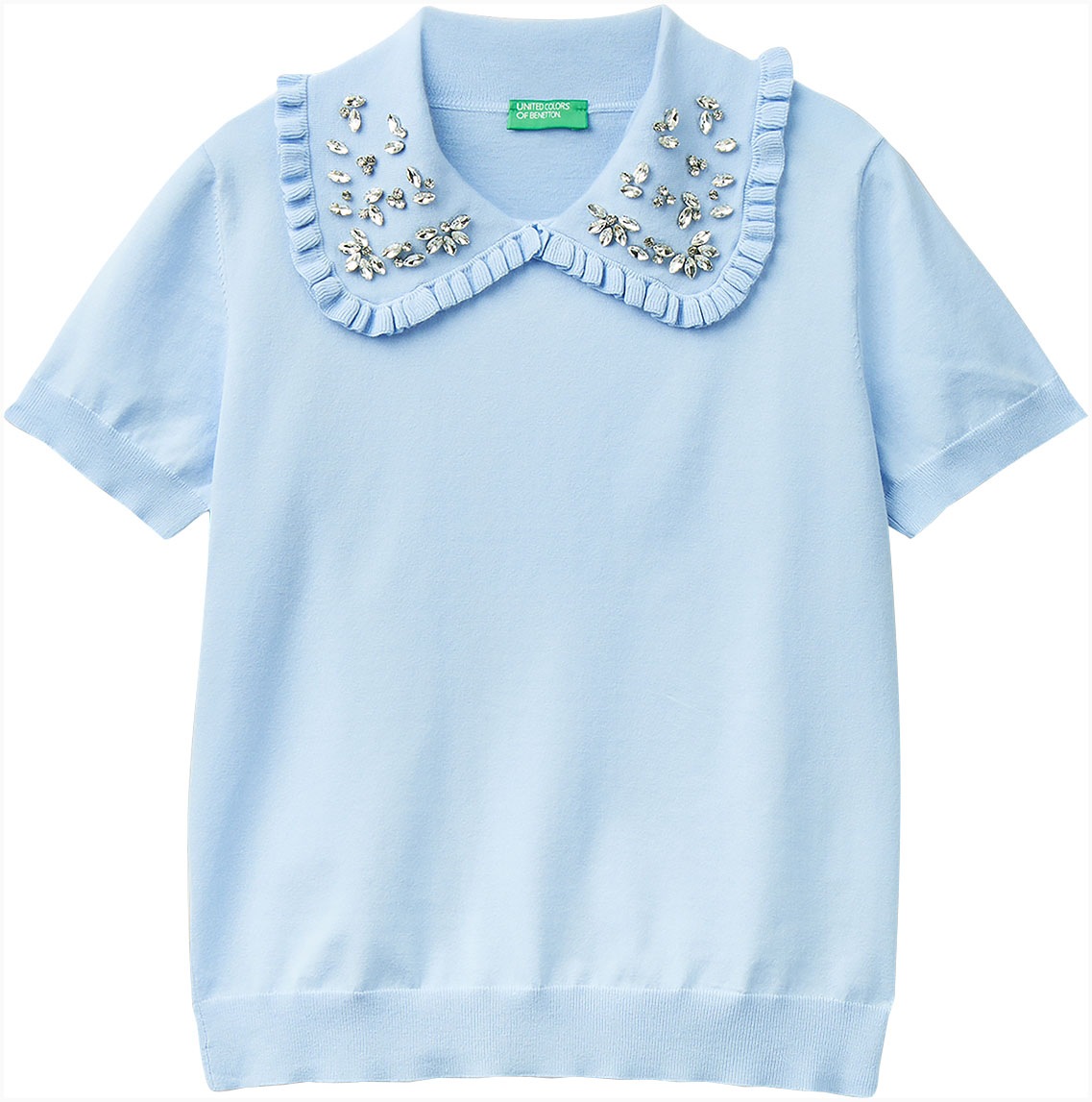United Colors of Benetton Kurzarmpullover, Kragen mit kleinen Rüschen am Rand und appliziertem Strass