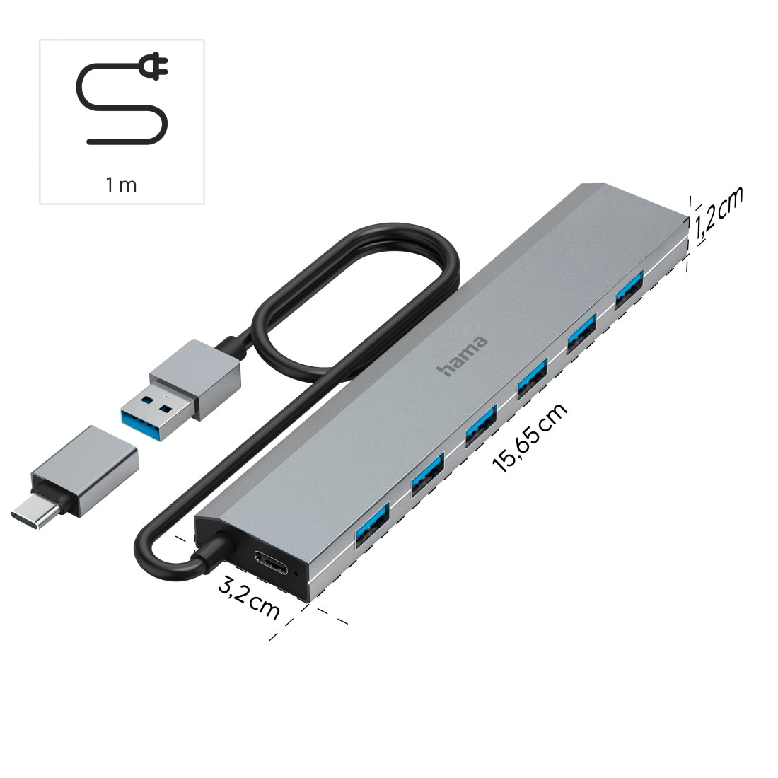 Hama USB-Adapter »USB Hub mit Netzteil und Adapter, 7 Ports mit USB C und USB A Stecker«, 100 cm