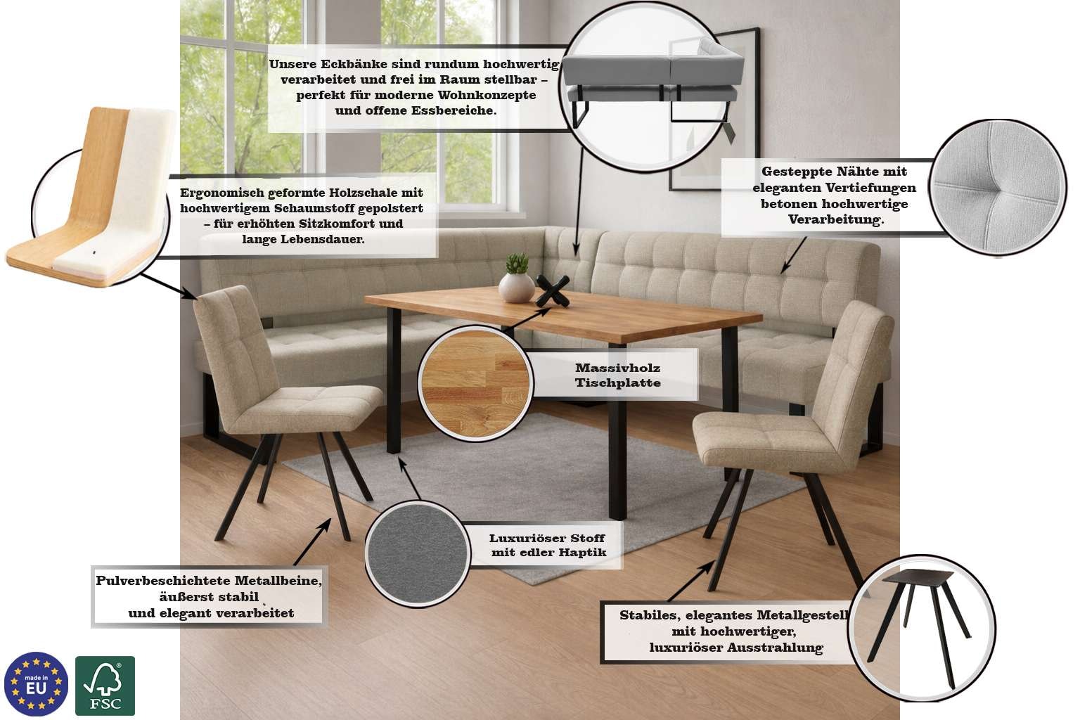 Home affaire Eckbankgruppe »Mia Essecke, Sitzgruppe, Eckbankgruppe, Küchenbankgruppe« Set, 4er, 4 tlg. Eckbank mit Wellenfederung; Tisch in Eiche massiv