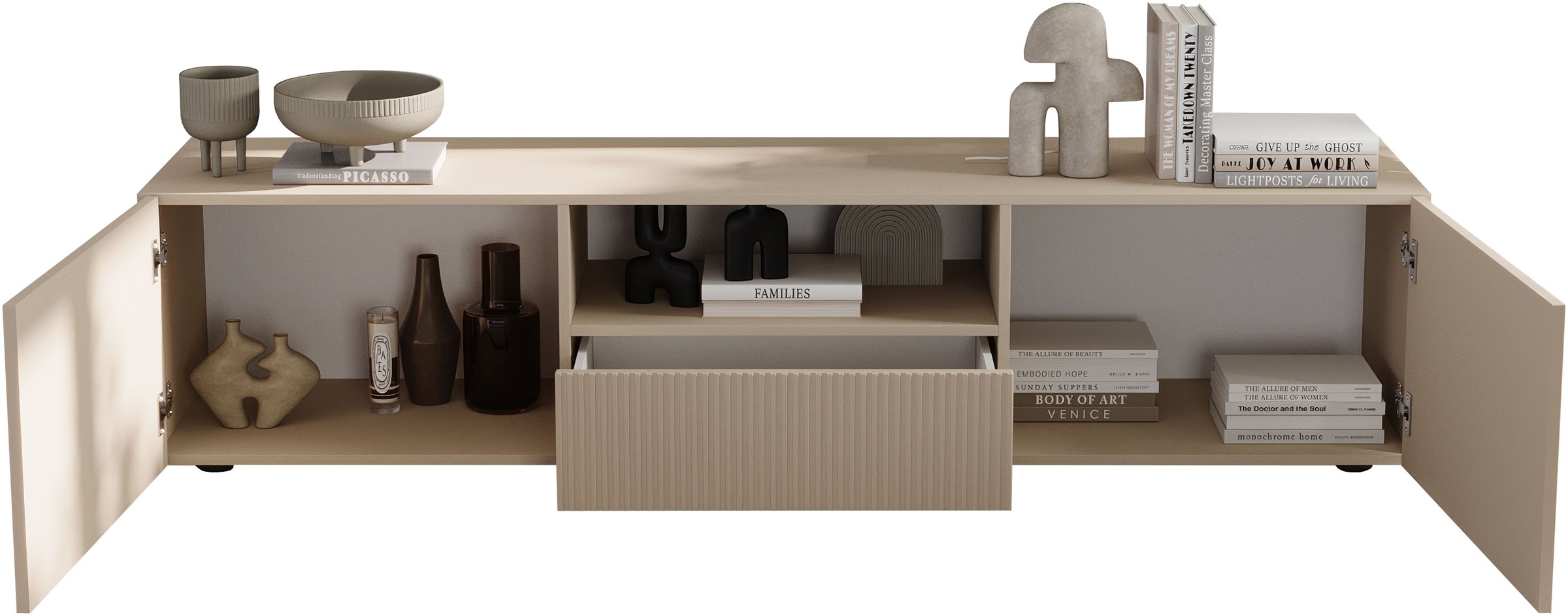 INOSIGN Lowboard »Rio Breite 181 cm, TV-Board 2 Türen u. 1 Schubkasten, TV-Schrank«, geriffelte MDF-Fronten, modern u. elegant, Kabelführung, viel Stauraum