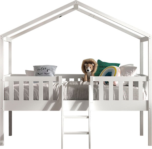 Vipack Hausbett »Kiefer massiv weiß lackiert, Made in Europe, stabil gebaut«, (B/H/T ca. 213x201,8cm, wahlweise mit und ohne Rutsche), mit Leiter, offenem Dach, Rolllattenrost und Absturzschutz