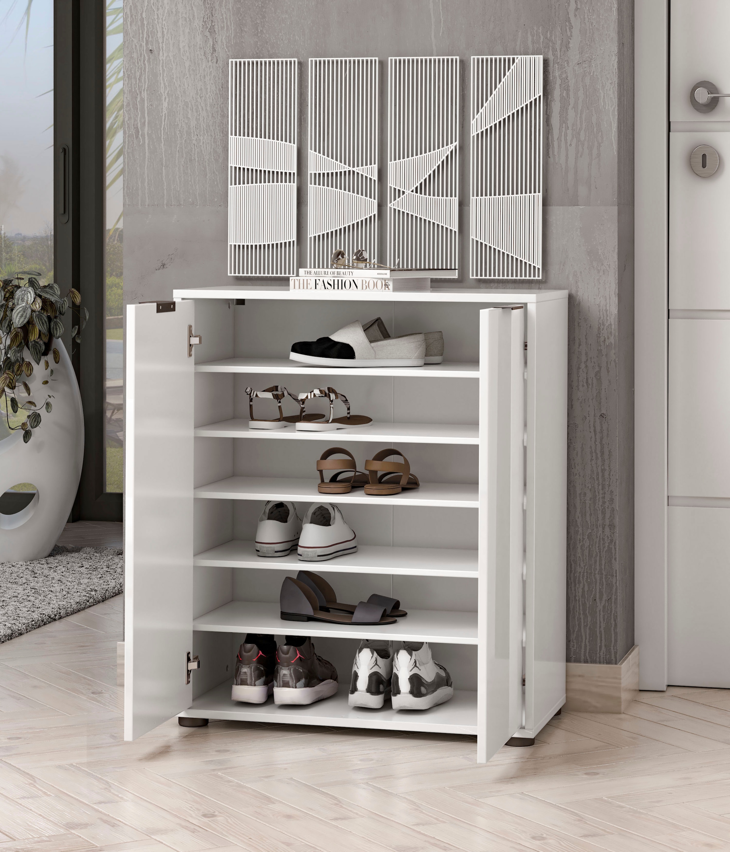 INOSIGN Schuhschrank »Jolly,Schuhkommode,Schuhmöbel,Schuhablage,Schuhregal«, Breite 72,5 cm, Höhe 86 cm, 2 Türen, 6 Fächer, hochglanz, Alu Griff