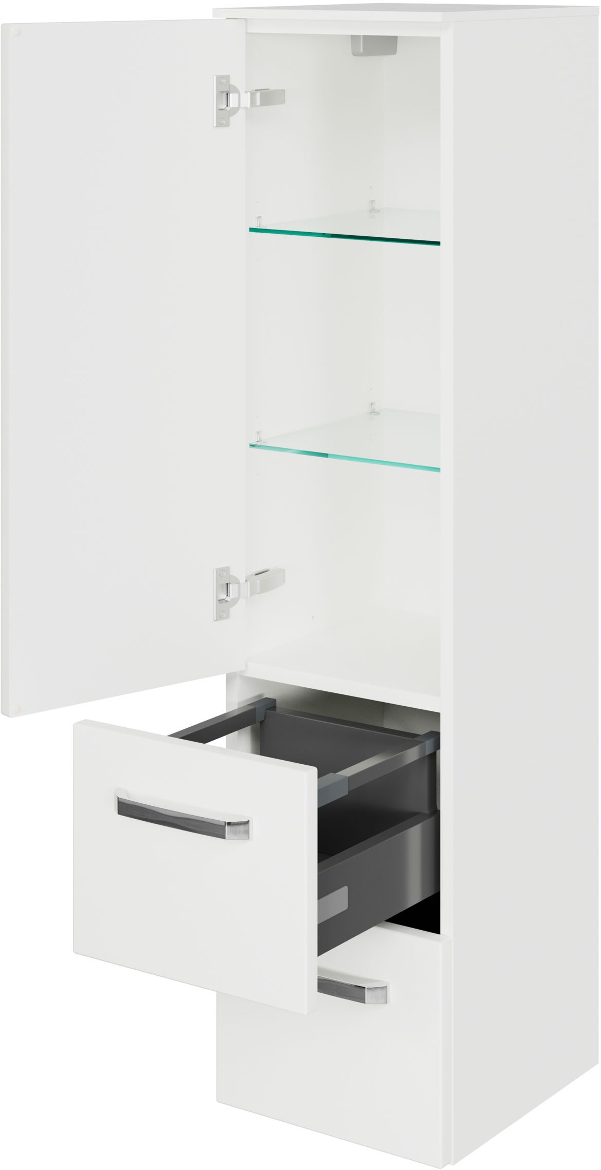 Saphir Midischrank »Serie 4010 Badschrank 30cm breit, 1 Tür, 2 Schubladen, inkl Türdämpfer«, 2 Glas-Einlegeböden, Badezimmer-Midischrank 121 cm hoch, 33 cm tief