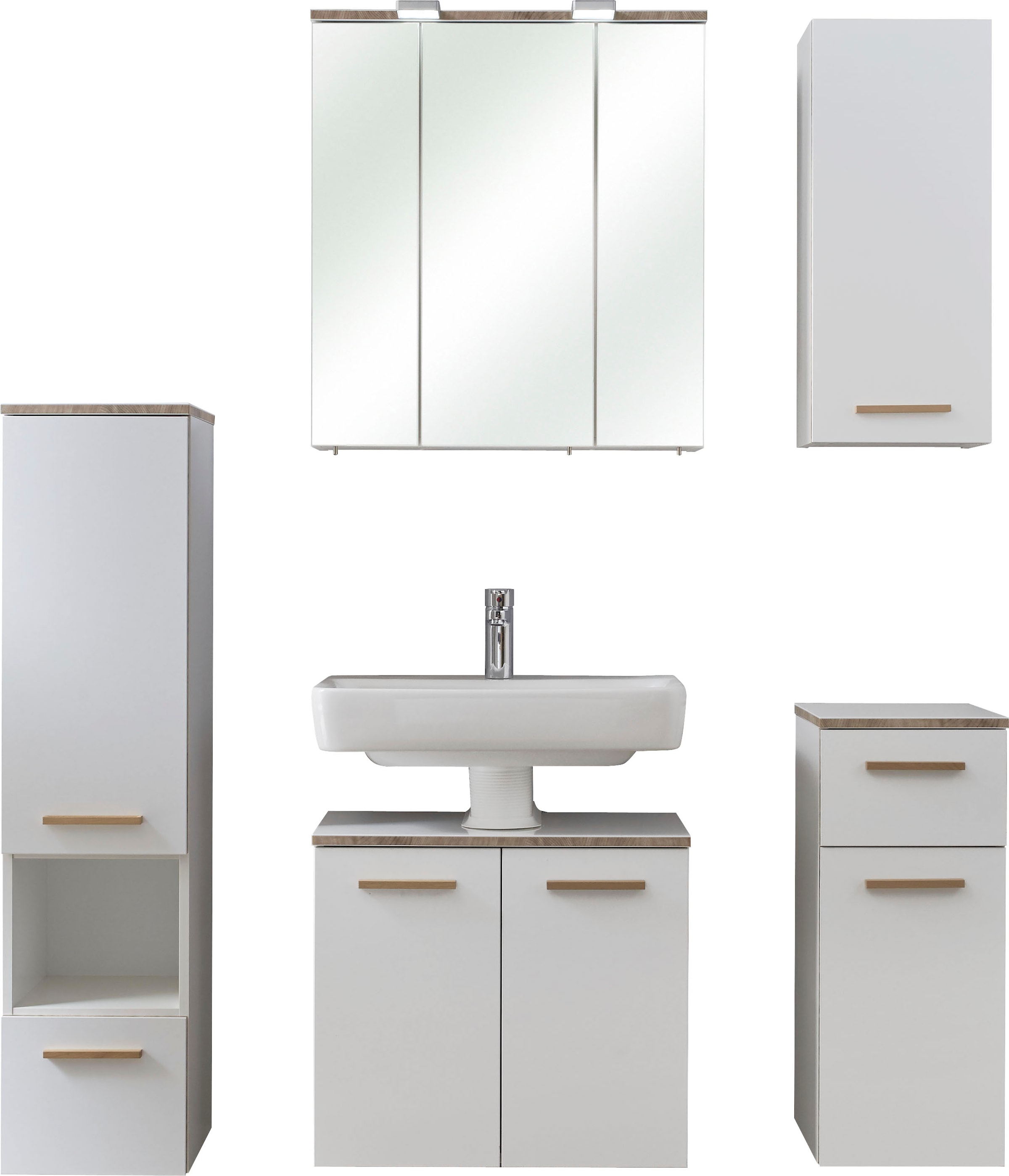 Saphir Badmöbel-Set »Quickset 931 5-teilig, Waschbeckenunterschrank mit LED-Spiegelschrank«, (Set, 5 St.), Midischrank, Unterschrank, Hängeschrank, inkl. Türdämpfer, Weiß Glanz