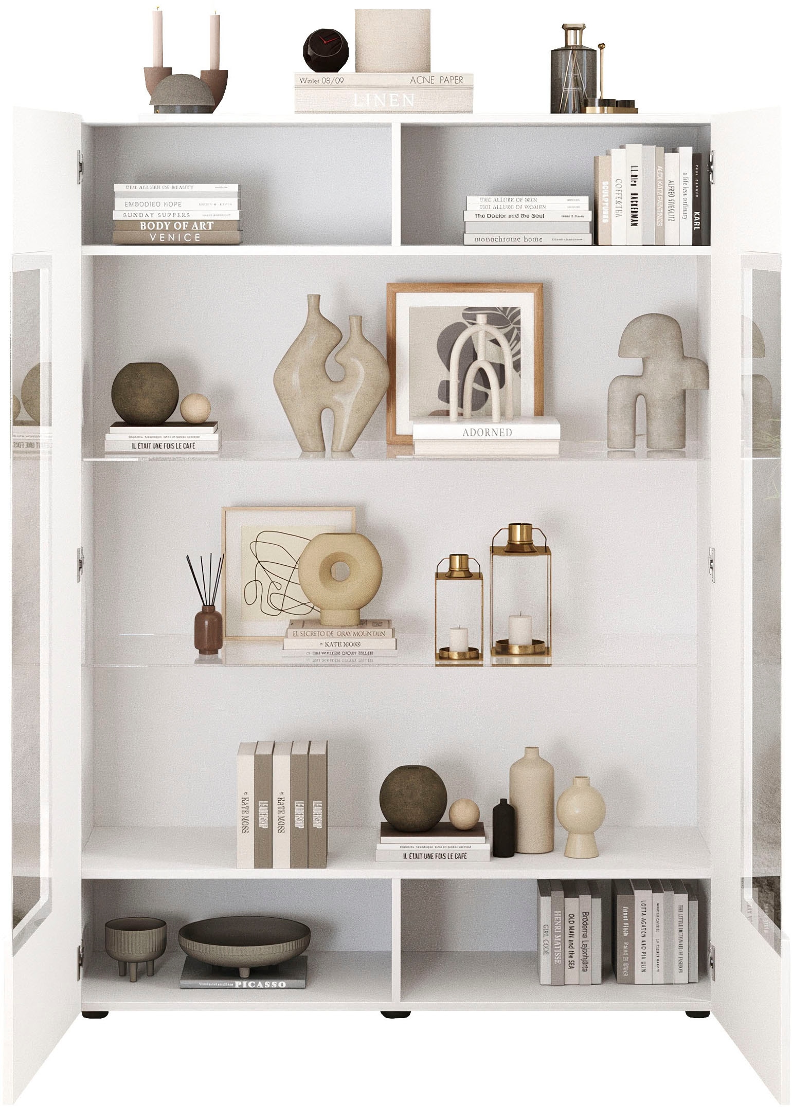 INOSIGN Vitrine »RIO, Höhe 166 cm, Hochschrank mit 2 Türen, Anrichte, Standvitrine«, Vitrinenschrank, geriffelte MDF-Fronten, modern, elegant, geräumig