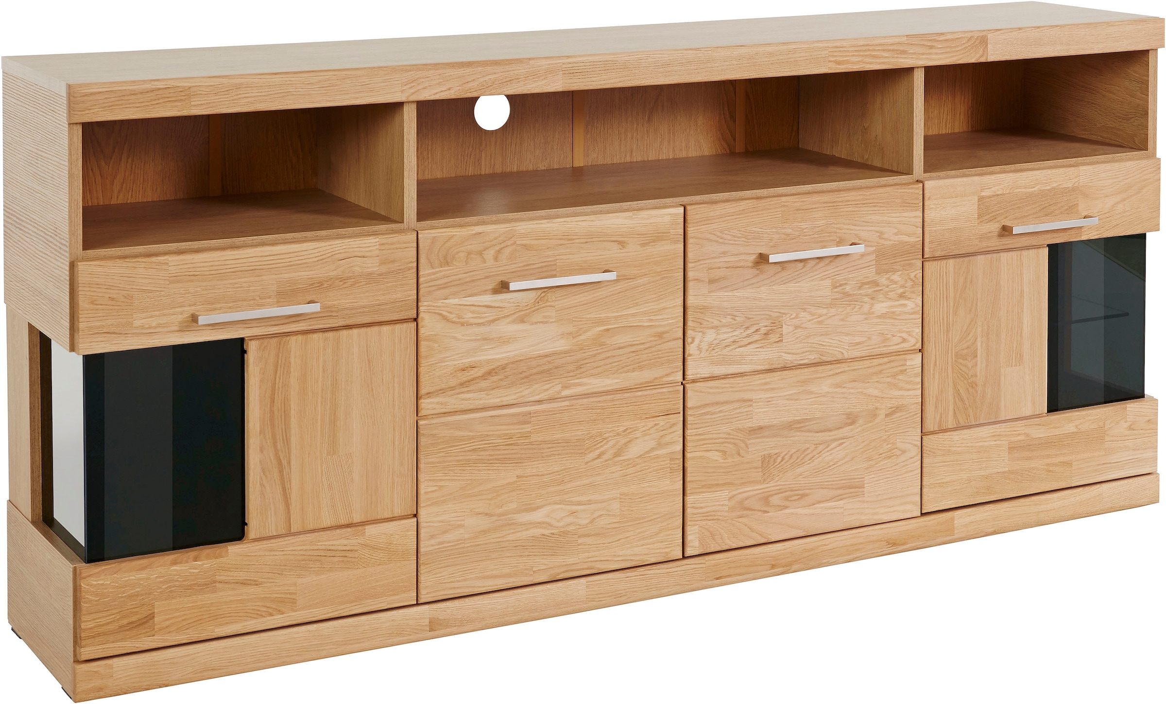 Home affaire Sideboard »Ribe,180cm breit,Oberplatte aus Massivholz, 9 Fächer«, Holz massiv, Holzwerkstoff, Metall Griffe,2Türen mit Glaseinsatz