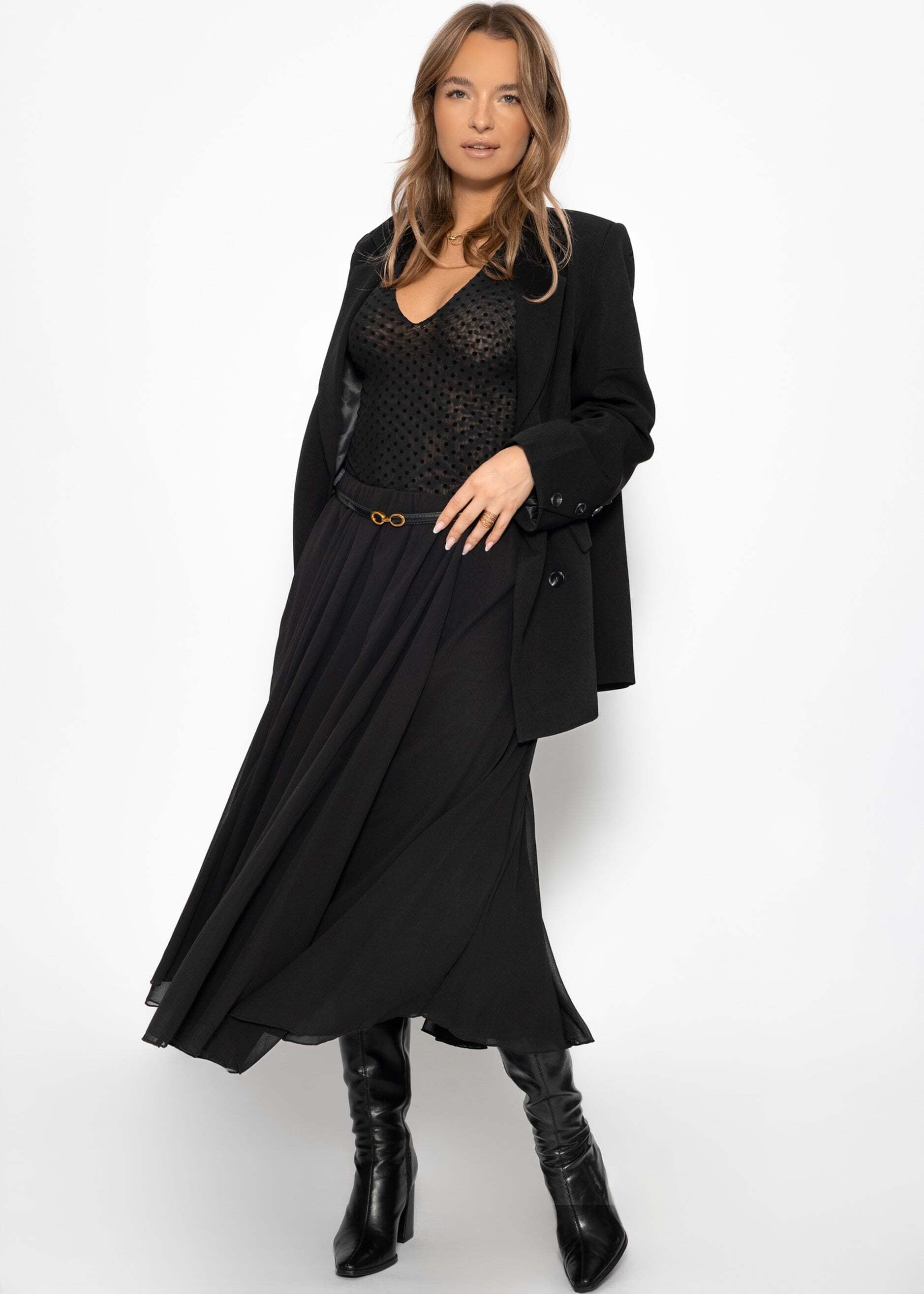 SASSYCLASSY Midirock »Langer Chiffon Rock« Eleganter blickdichter Rock mit elastischem Bund Schwarz