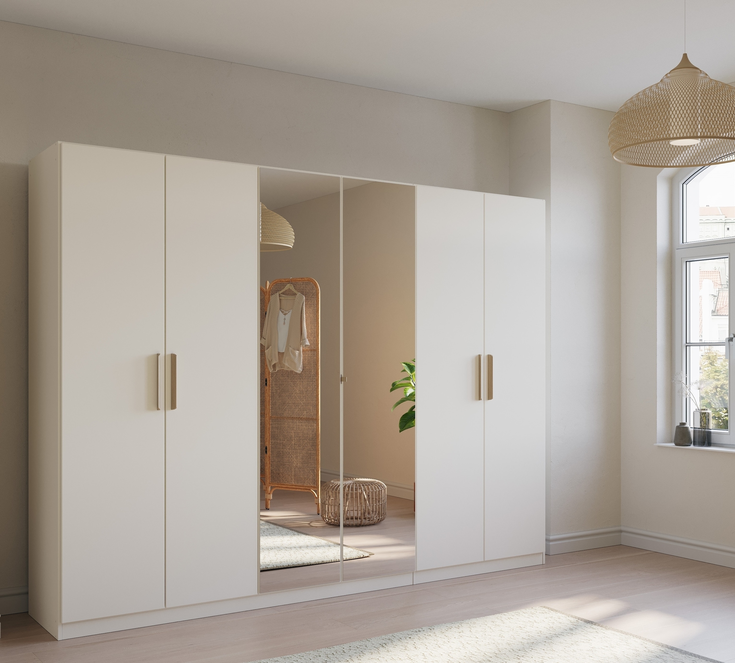 rauch Kleiderschrank »Skandi by Quadra Spin Schlafzimmerschrank«, im Landhaus-Stil mit Massivholzgriffen, vollflächige SpiegeltÜren