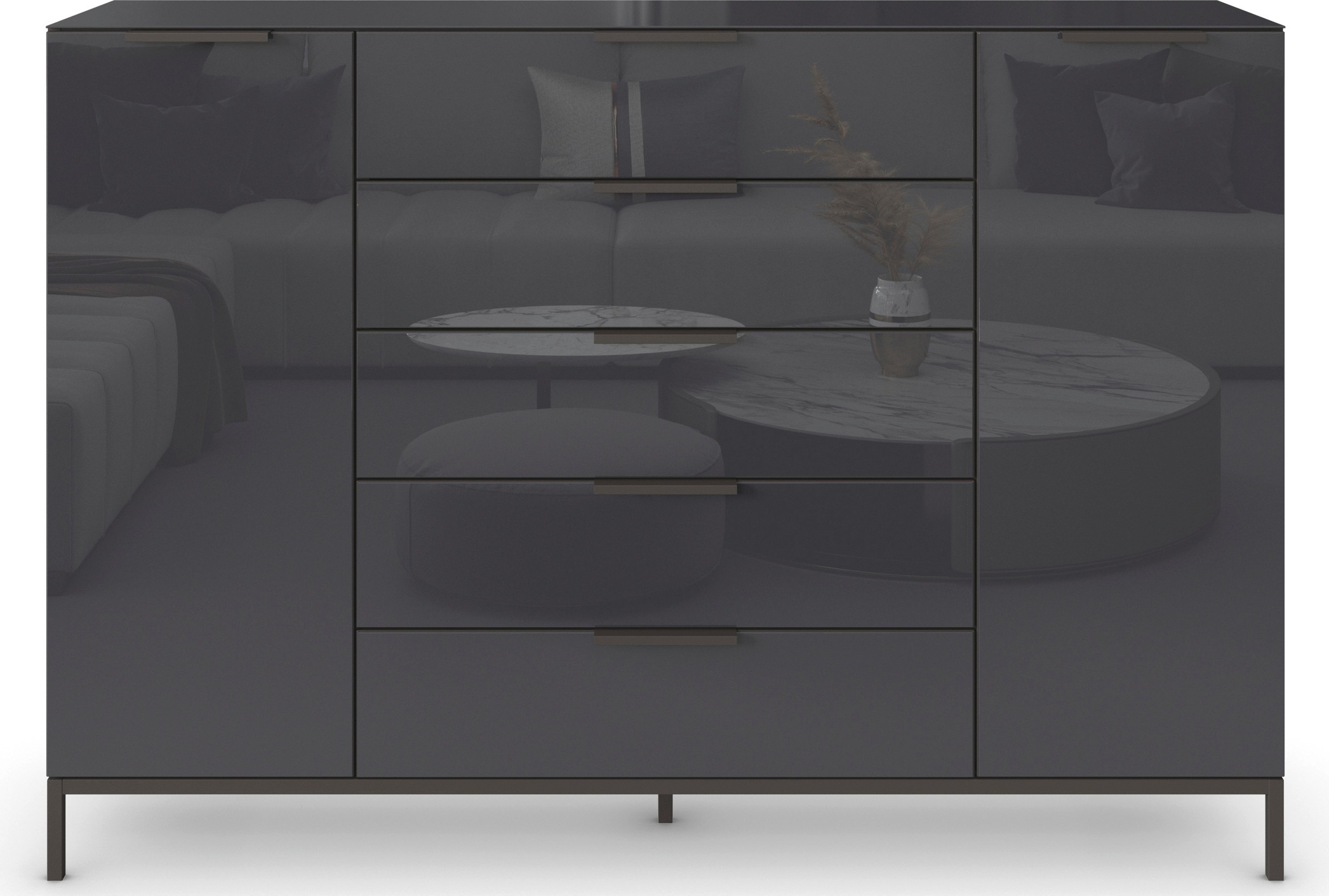 rauch Schubkastenkommode »Kommode Türkommode Sideboard Kombikommode FLIPP mit Glasfront«, (Breite 160/180 cm mit 4 Einlegeböden), 2-türig, 5 Schubladen, Soft-Close, Oberboden und Front Glas, 2 Breiten