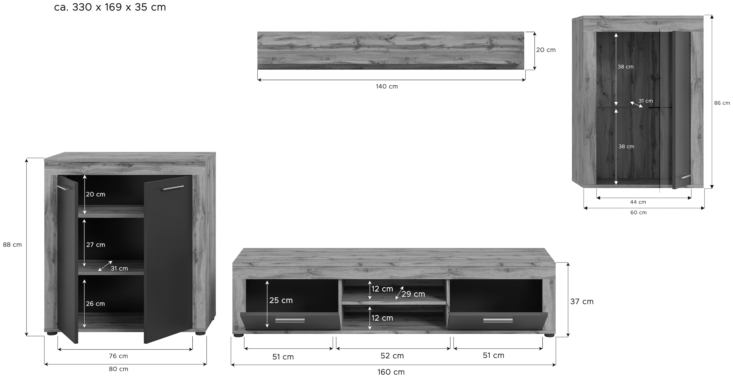 Home affaire Wohnwand »AOSTA, Breite 330cm, 4-teilige Wohn-Kombination« bestehend aus: Highboard, Lowboard, Wandboard & Vitrine, 4 Stk. tlg.