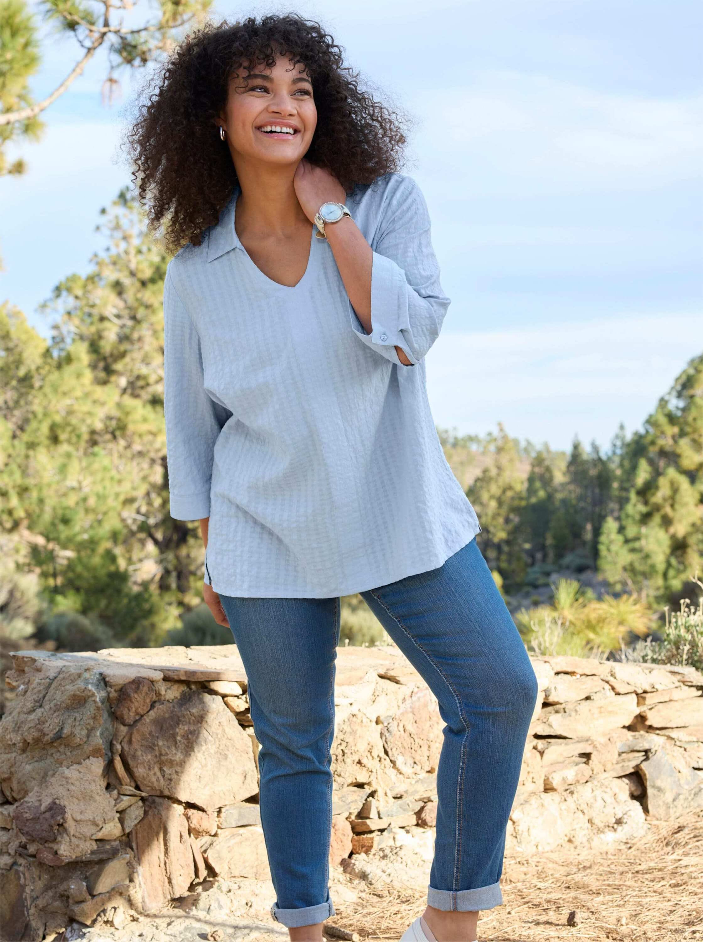 Sheego Longbluse »Tunika Tunika mit Hemdkragen, in Seersucker-Qualität«