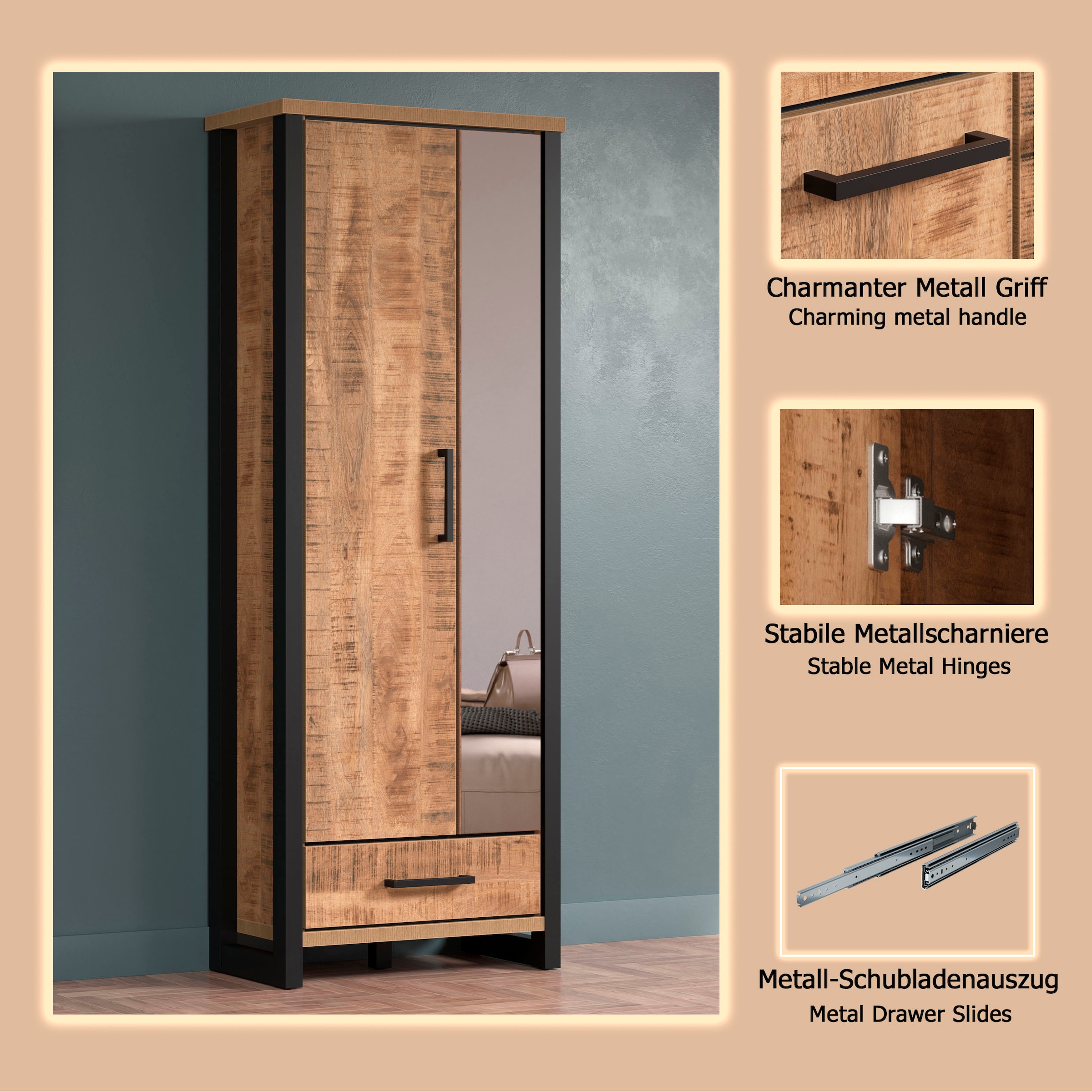 Home affaire Garderobenschrank »Elda« 1 Stk. tlg. Schrank mit ausziehbarer Kleiderstange, 2 Türen – (B/T/H) 73/39/195 cm