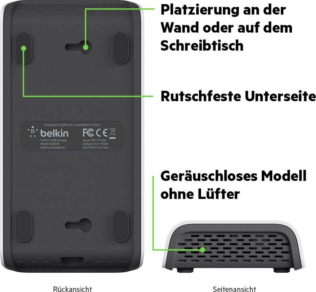 Belkin USB-Ladegerät »10-Port USB-Ladestation,120W, 2,4A pro Port«, 2400 mA, Regionale Steckersets für die USA, Großbritannien, Europa und Asien
