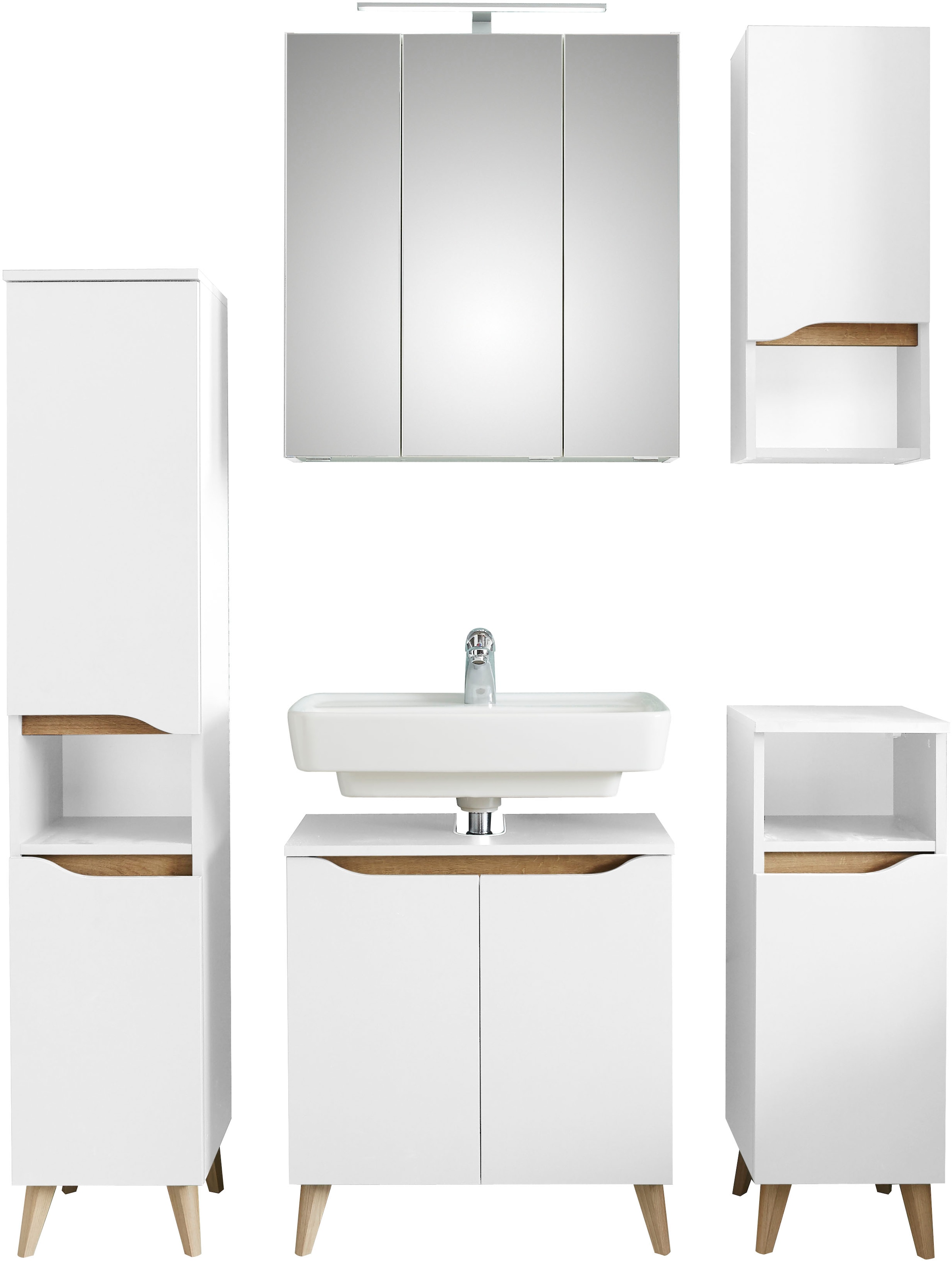 Saphir Badmöbel-Set »Quickset 5-teilig, Waschbeckenunterschrank mit LED-Spiegelschrank«, (11 St.), Unterschrank, Hängeschrank, Midischrank, inkl. Türdämpfer, 9 Türen