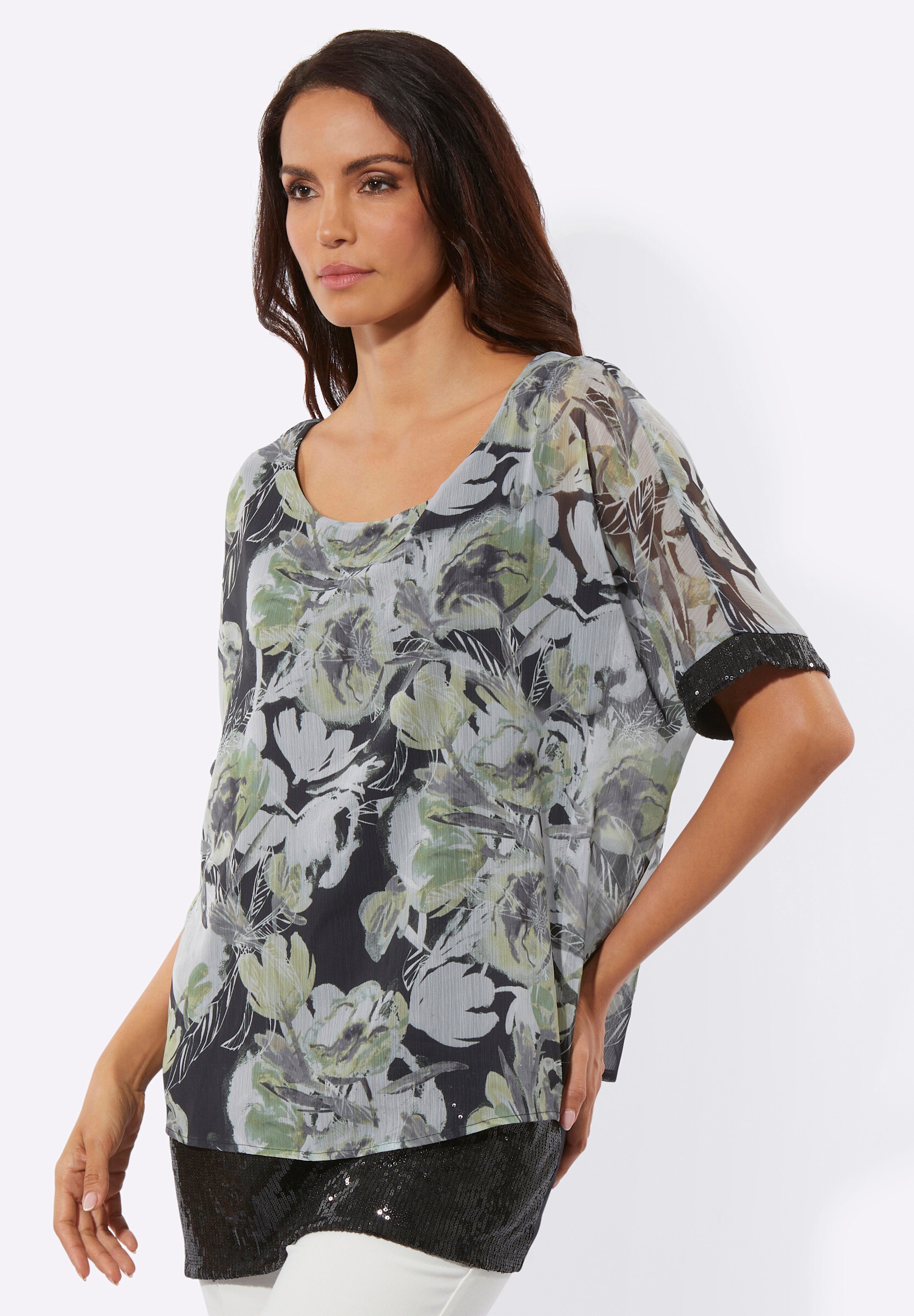 creation L Schlupfbluse »Druck-Bluse Kurzarmbluse mit schimmernden Pailletten«